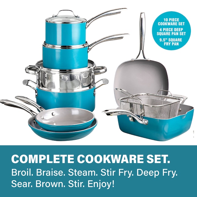 Gotham Steel Gotham Steel Aqua Blue 23.6-in Aluminum Cookware Set with Lid  in the Cooking Pans & Skillets department at