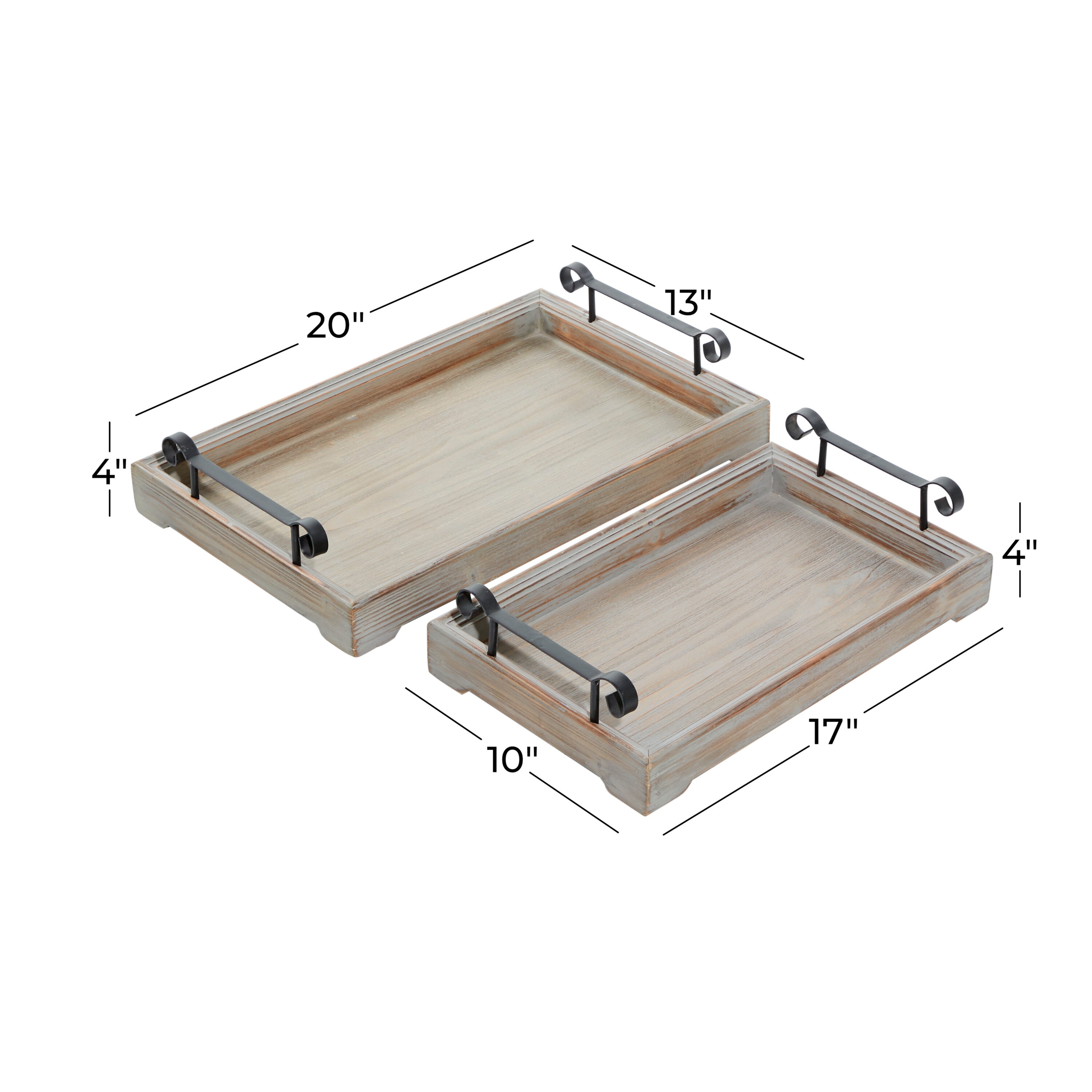 Beige Wood Tray Set with Metal Handles, 20" and 17"