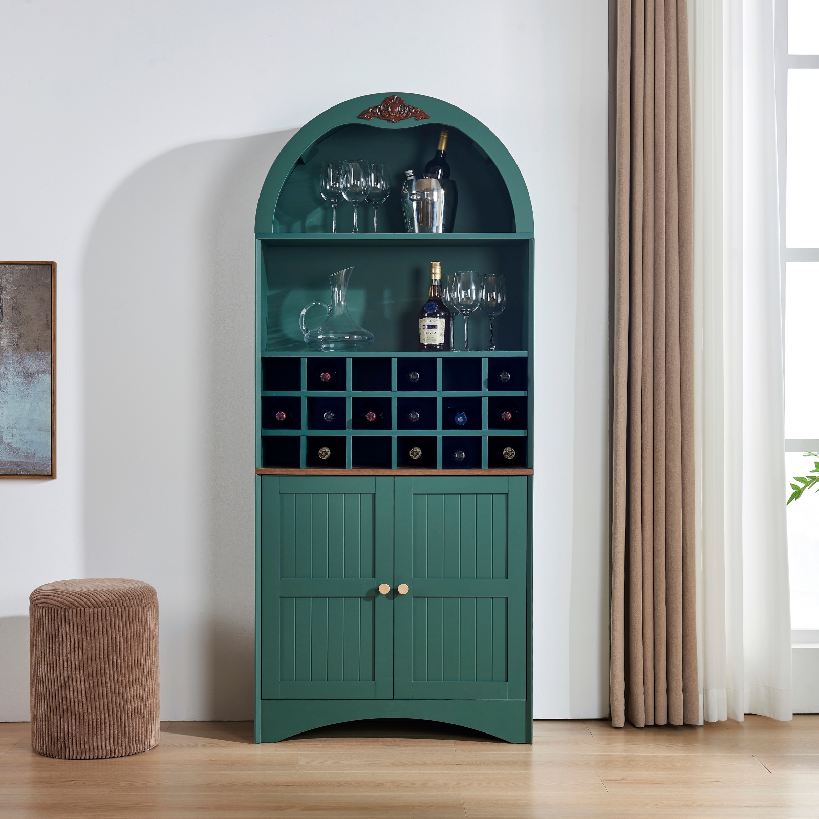 CHITA Farmhouse Wood Bar Cabinet with 2 Doors Adjustable Shelves Freestanding for Dining Room Kitchen and Home Entertaining Green