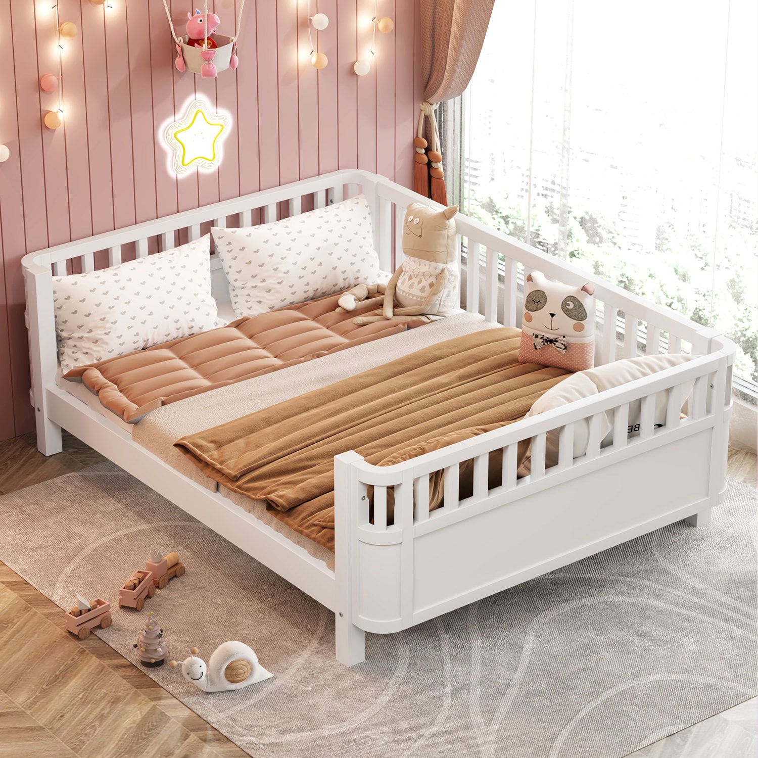 GZMR GZ-JH8873K Full White Wood Bed Frame with Headboard
