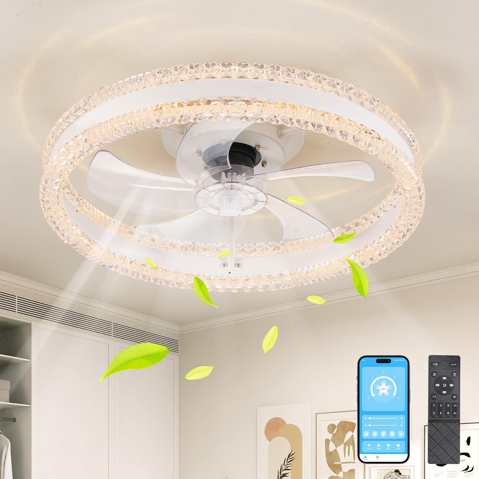 Bayfeve BFLCM-97181-CF Luxury Double Ring LED Ceiling Fan 20-in Color-Changing Integrated LED Flush Mount White with Transparent Blades Fandelier Ceiling Fan With Light - Remote Included ( 5 -Blade )
