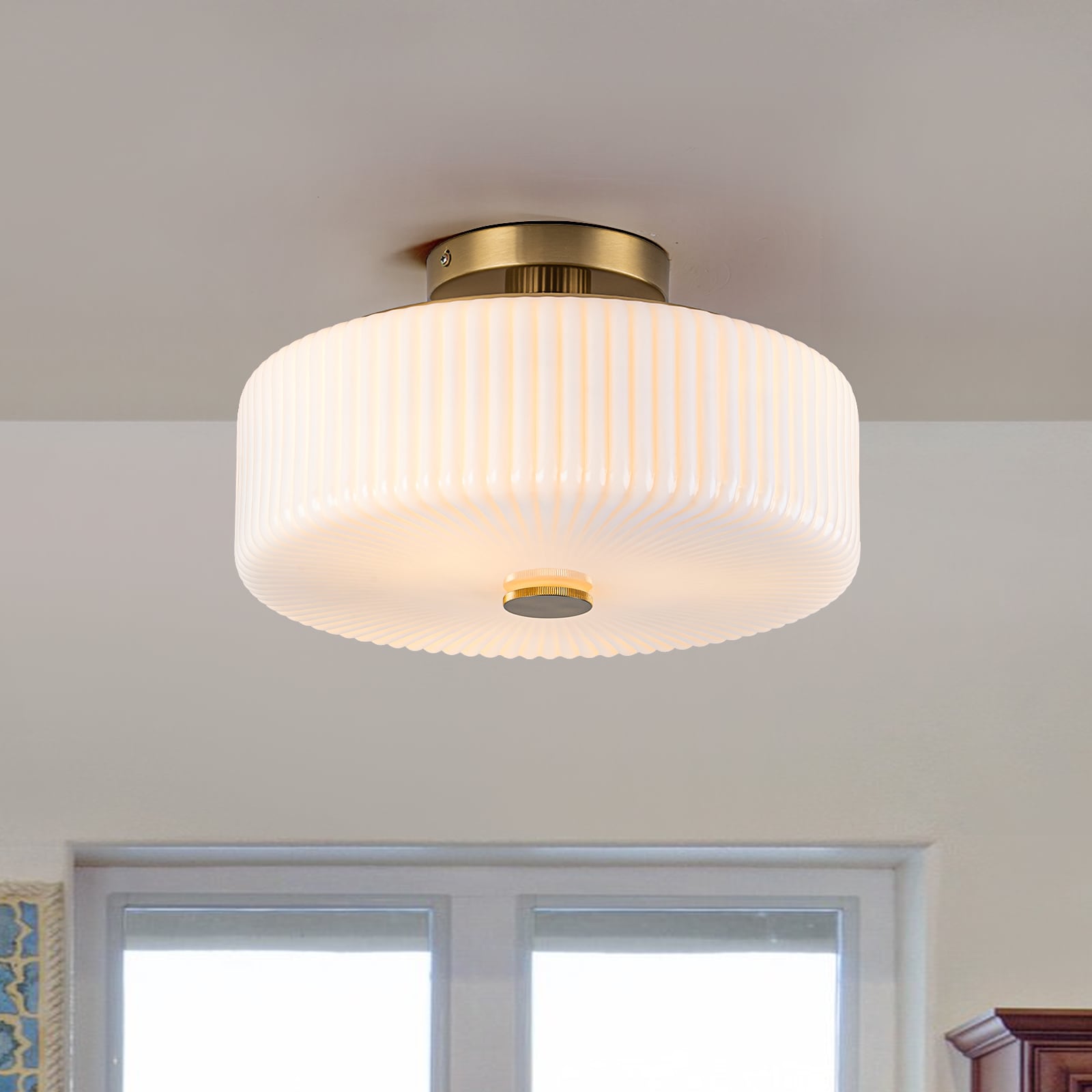 EDISLIVE 14-in Brass Indoor 3 -Light Flush Mount Light with Opal Glass