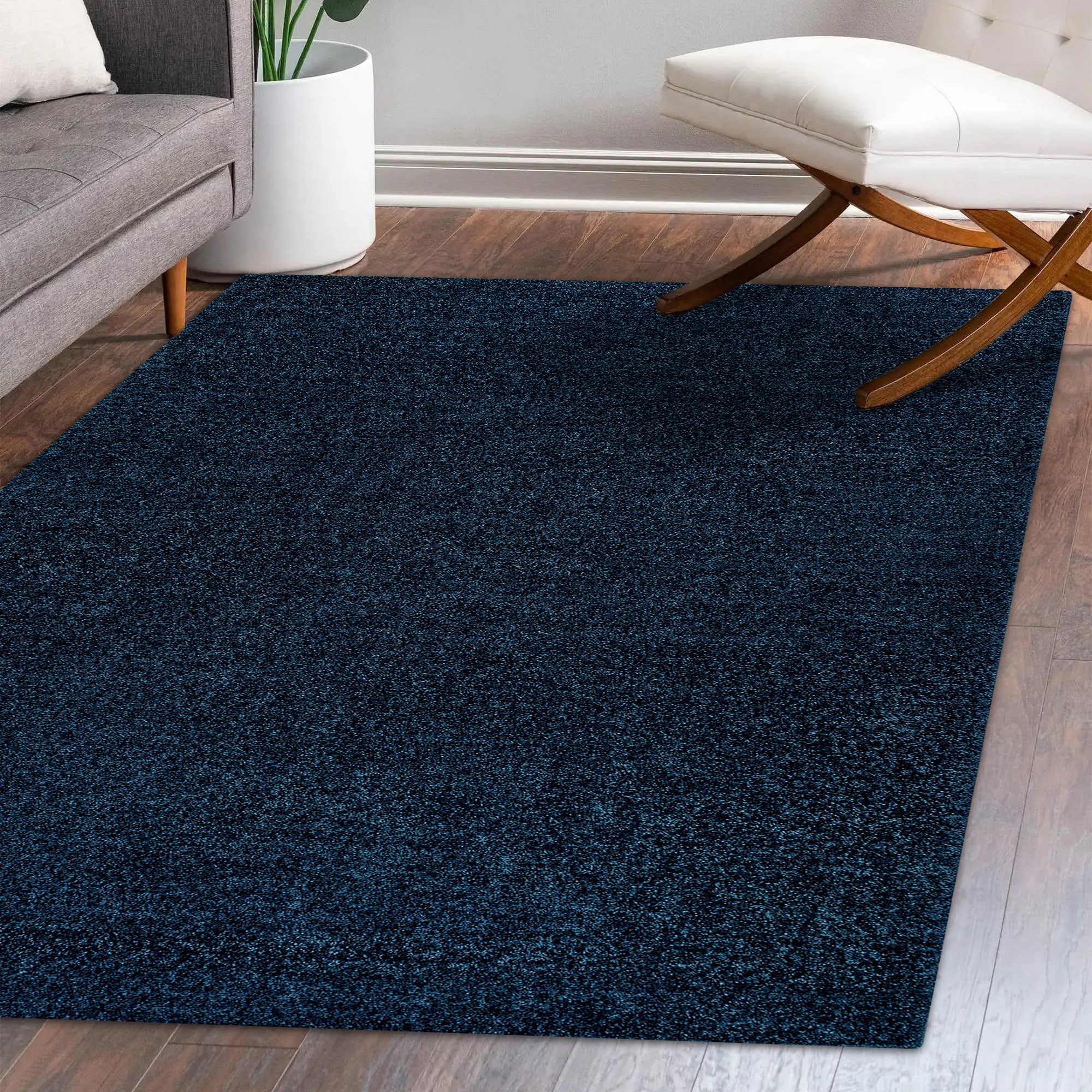 Navy Reversible Solid Synthetic Low-Pile Area Rug