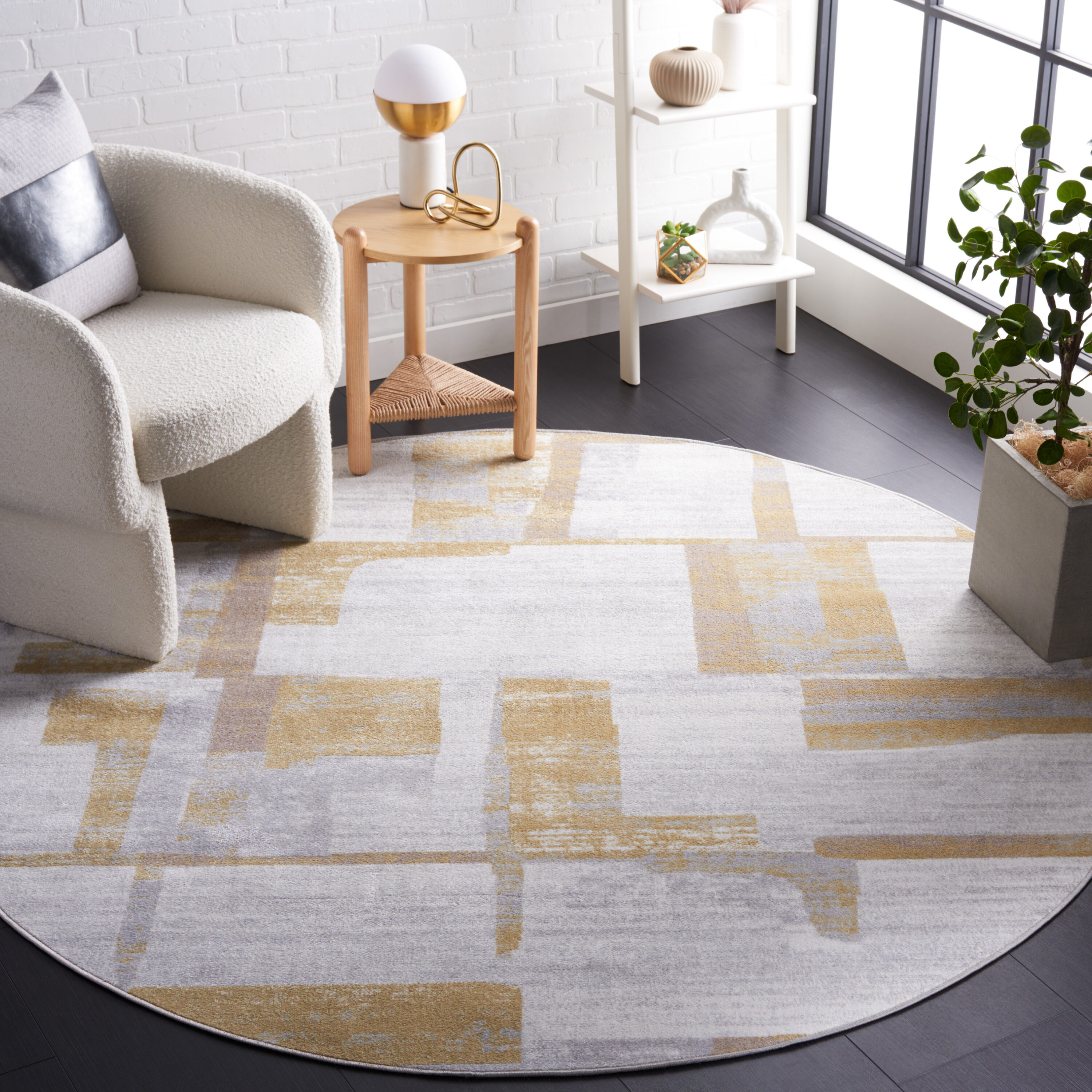 Safavieh BAY126B-7R Bayside 7 x 7 (ft) Polyester Ivory/Gray Gold Round Indoor Block Machine washable Area rug