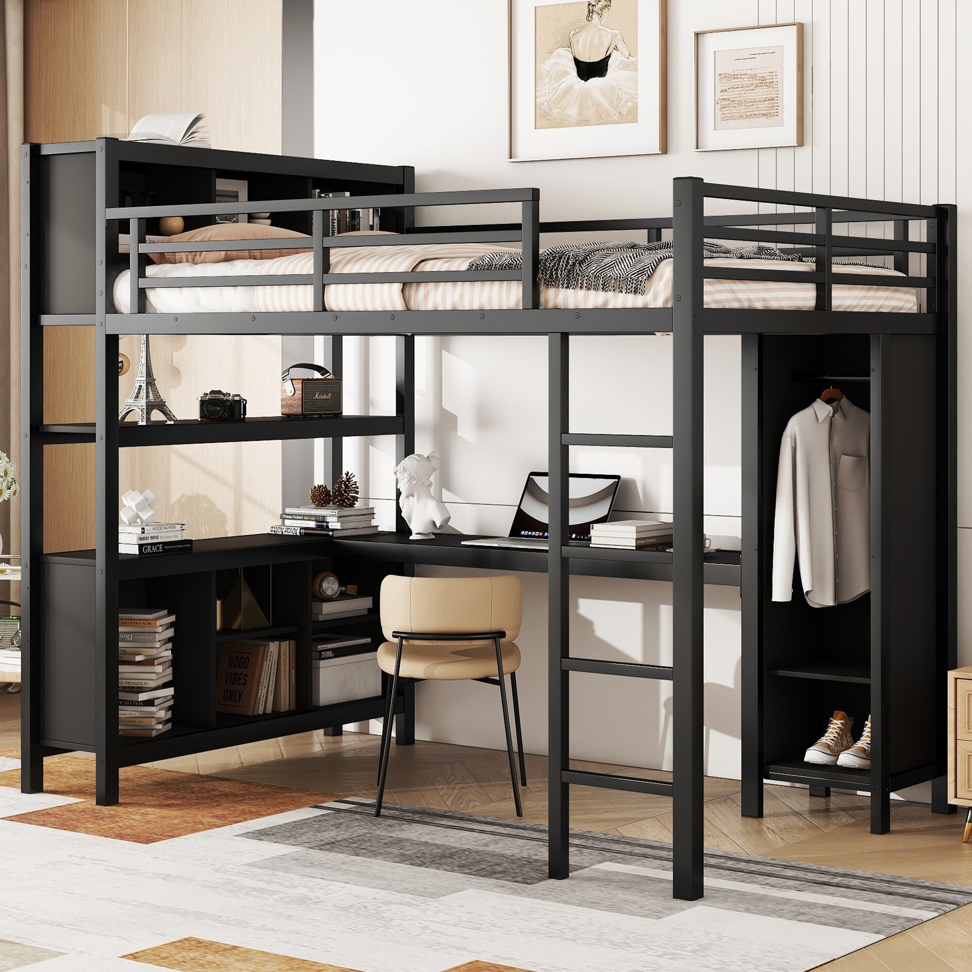 Horizons Prime Full Size Black Metal Loft Bed with Wardrobe and L ...