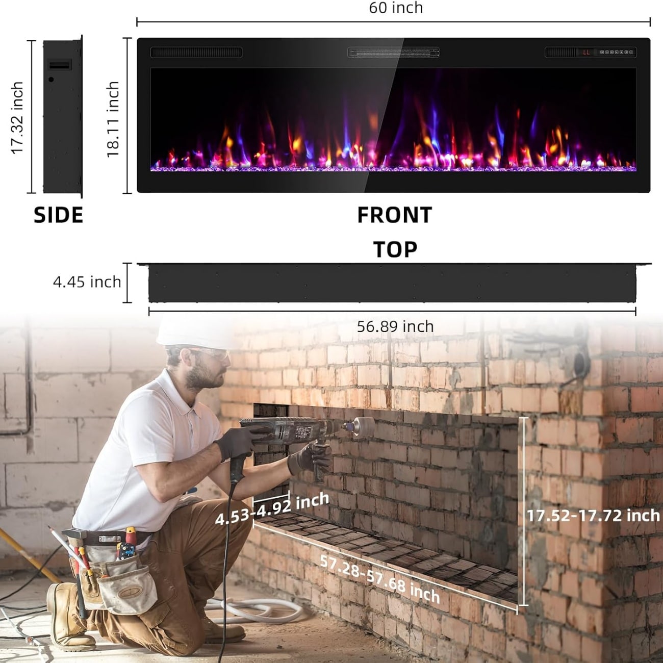 EdenDirect 60-in W x 18.11-in H Black Electric Fireplace Insert in the