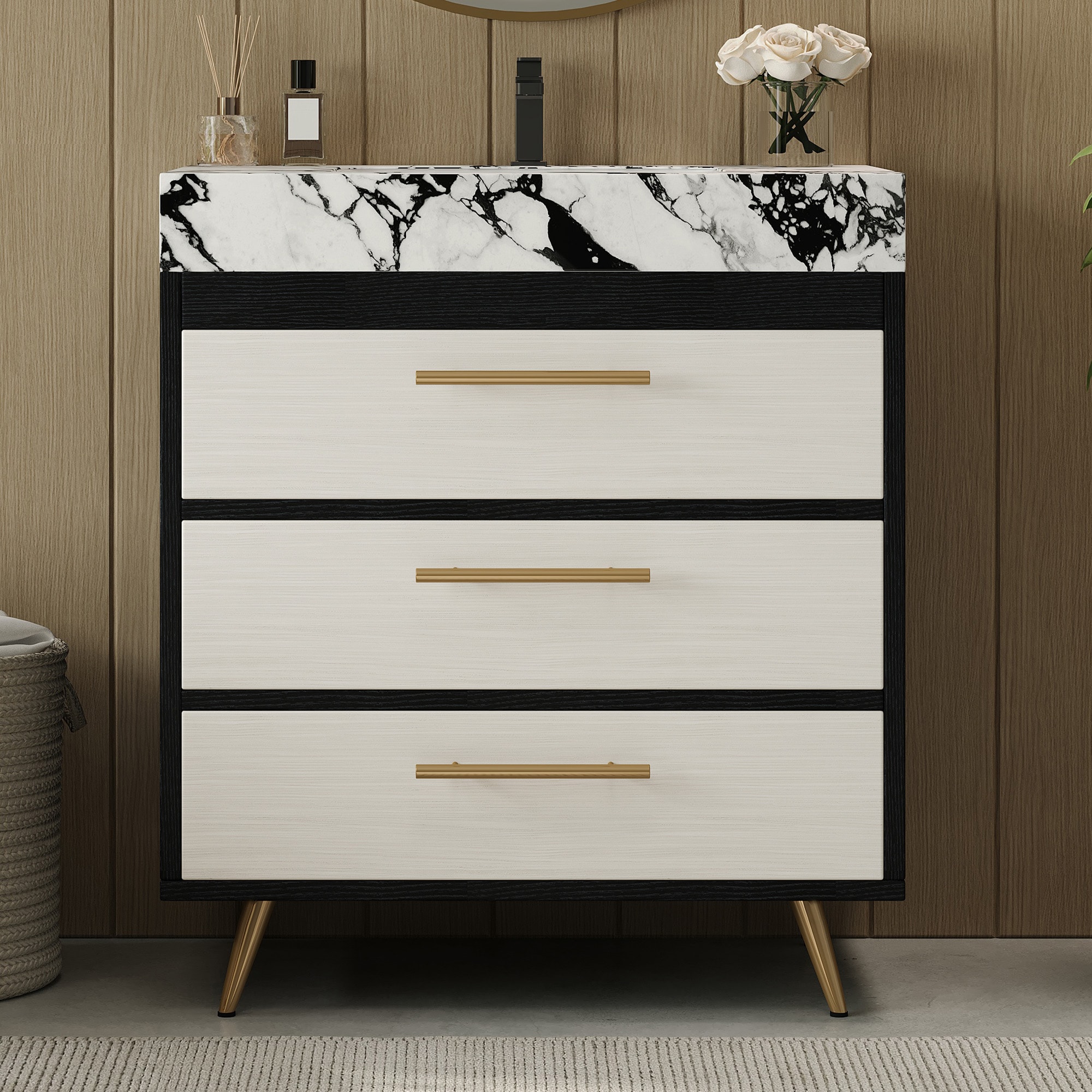 GDFStudio Athens Modern 29.9 in Freestanding Bathroom Vanity with Sintered Stone Top Ceramic Vessel Sink and Stainless Steel Legs - White Quartz-Look Top and Black+White Cabinet
