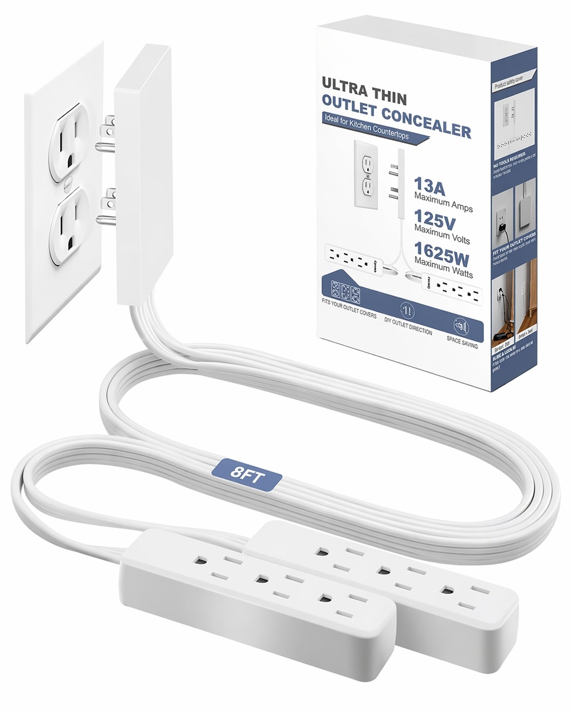 Aoibox  8 ft Flat Extension Cord with 3 Outlets and Outlet Cover 1625W Universal Outlet Concealer Dual Pack