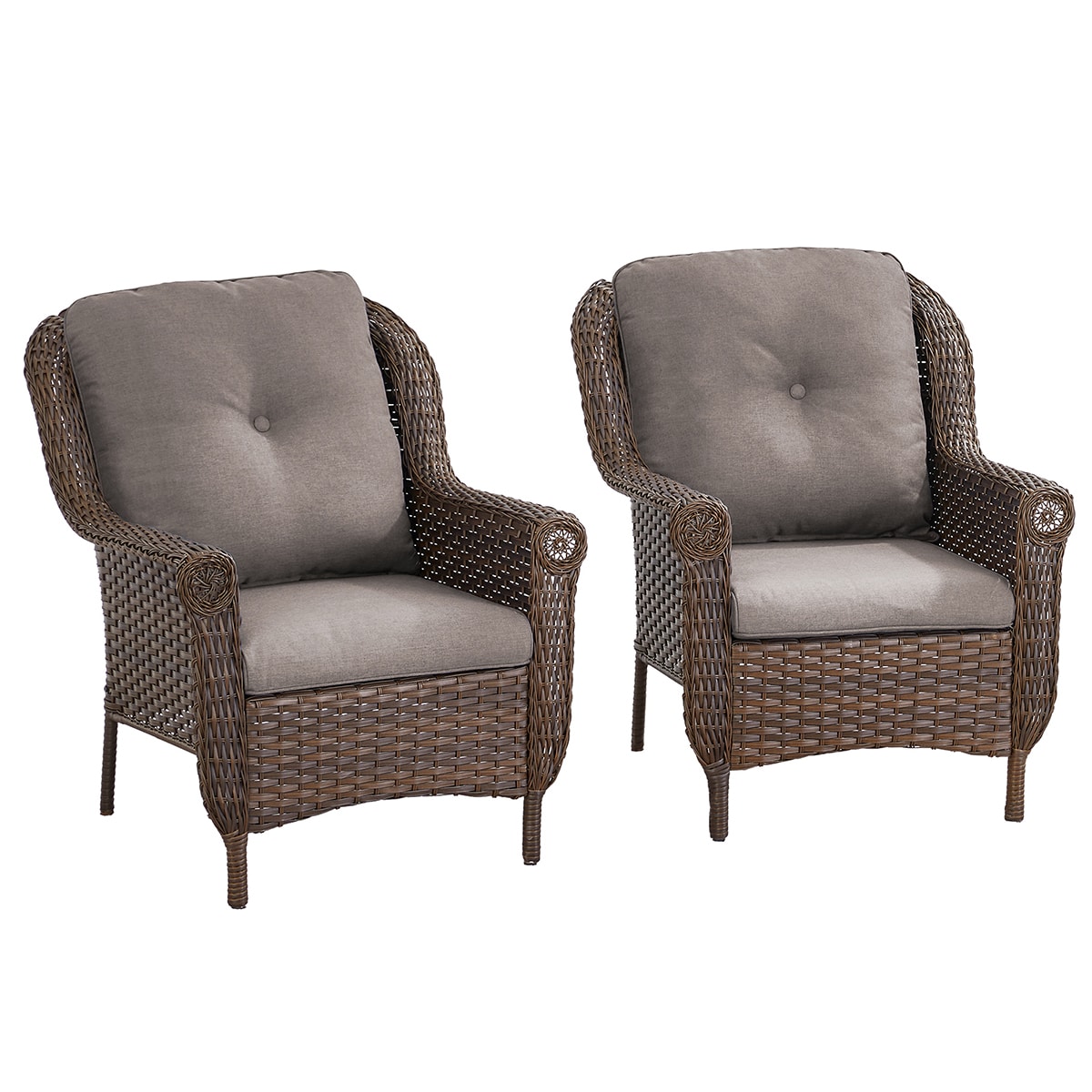 Rilyson FSPBR11-3 Daisy Set of 2 Wicker Brown Wicker Frame Stationary Conversation Chair with Brown Gray Cushioned Seat