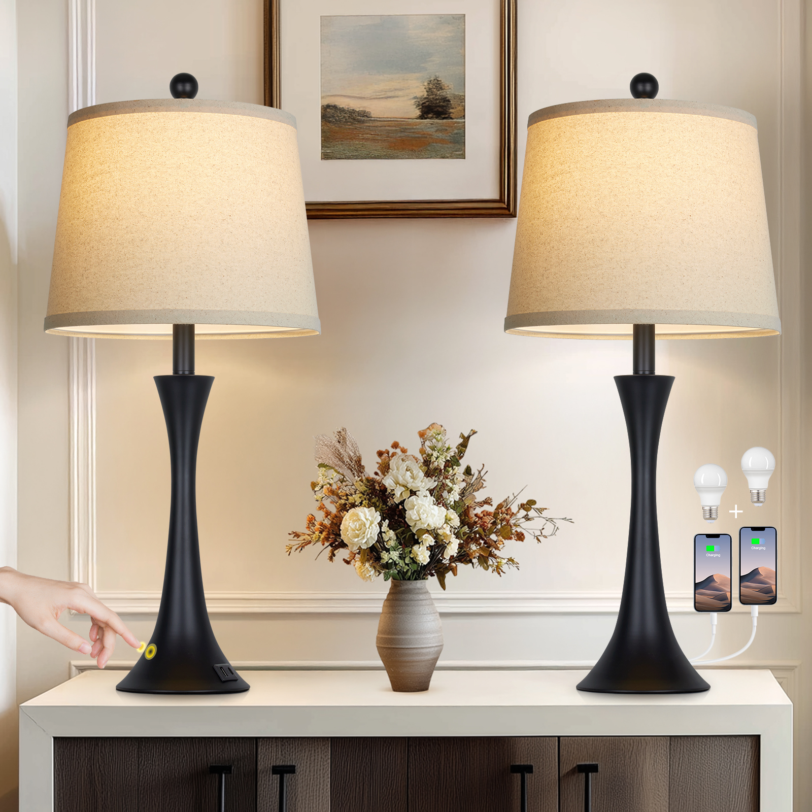 UrFurnishings Classic 27.5-in Black LED Touch Table Lamp with Linen Shade