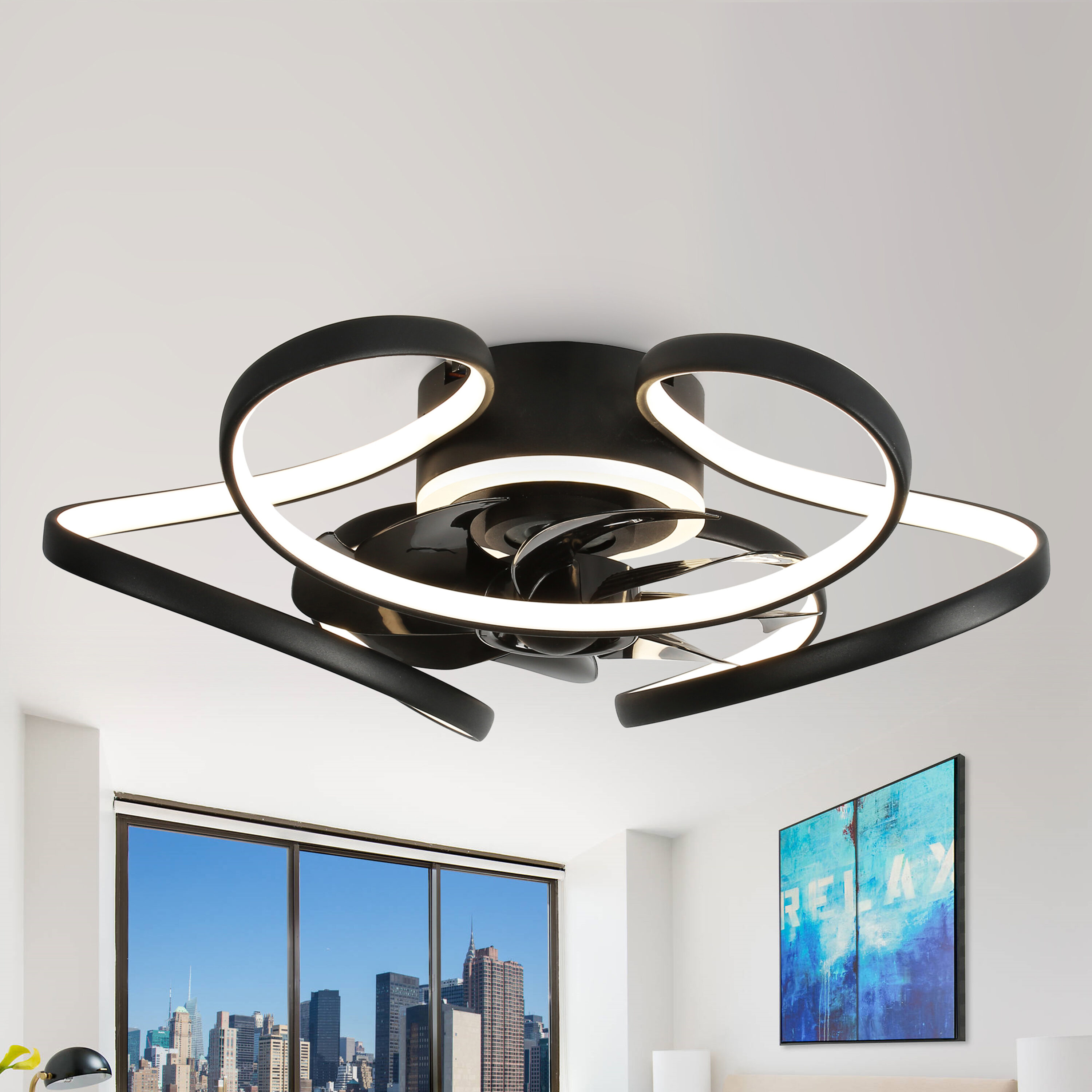 Oaks Decor Cotti 22-in Black with Clear Blades Color-changing Integrated LED Indoor/Outdoor Flush Mount Smart Fandelier Ceiling Fan with Light and Remote (7-Blade) DC2203 Sansujyuku sansujyuku.com