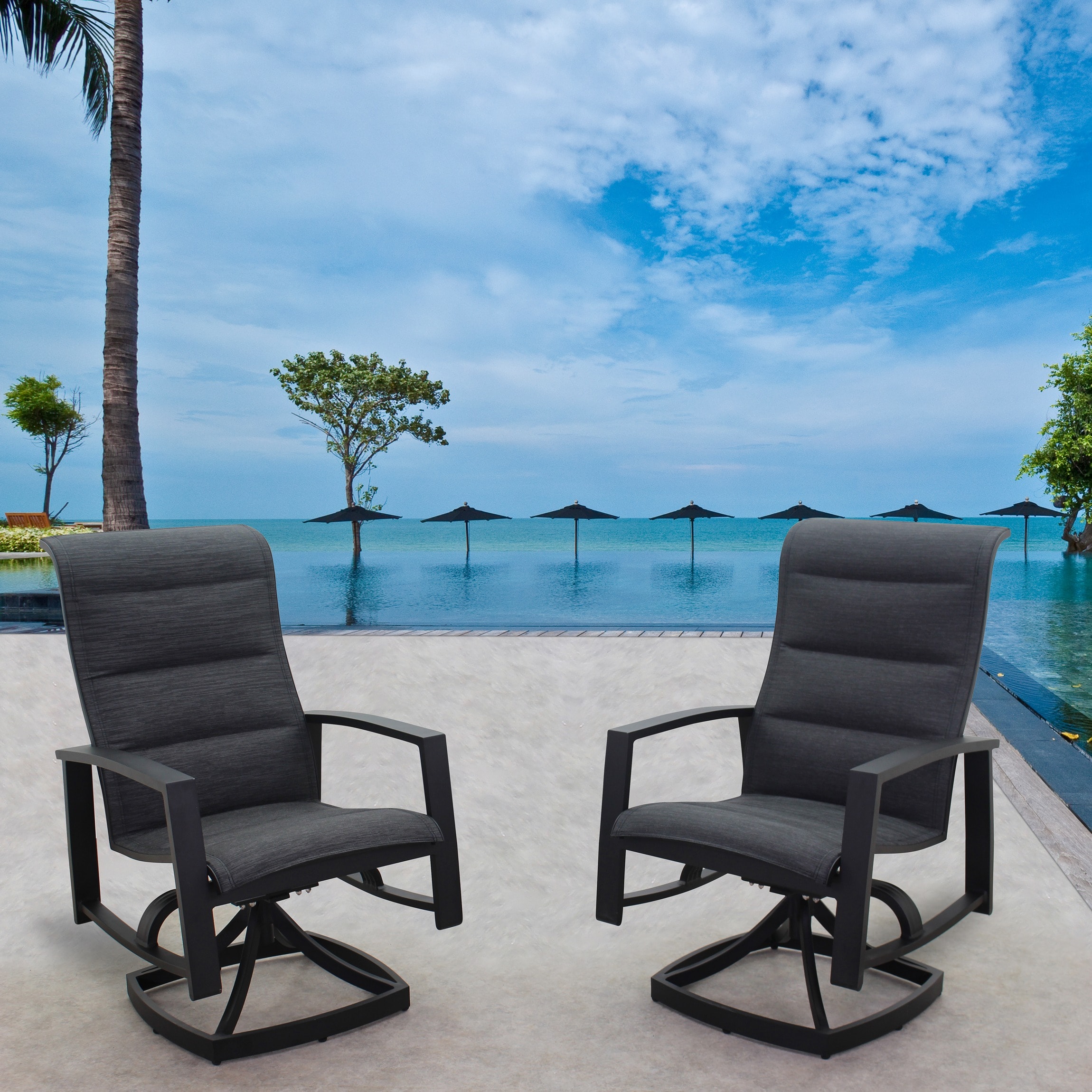 Courtyard Casual 5199 Santorini Set of 2 Black Aluminum Frame Swivel Dining Chair with Black Sling Seat