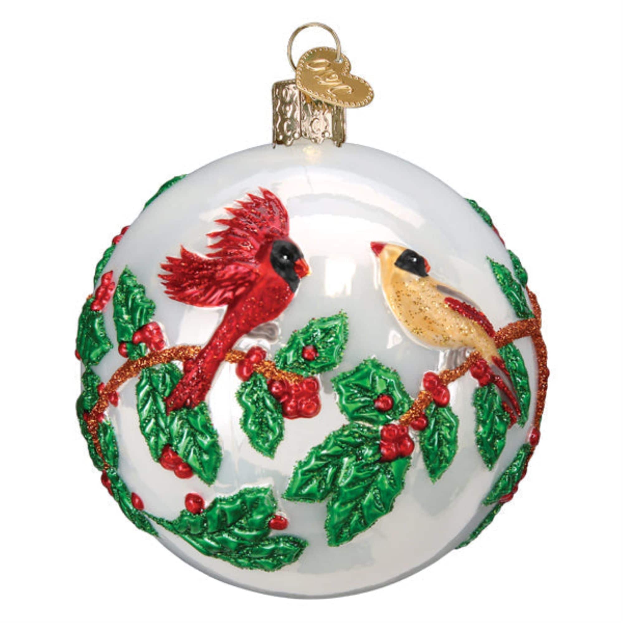 Old World Christmas 729343545053 Hanging Mouth-Blown Glass Ornament for Trees - Holly Berry Birds Round Ball