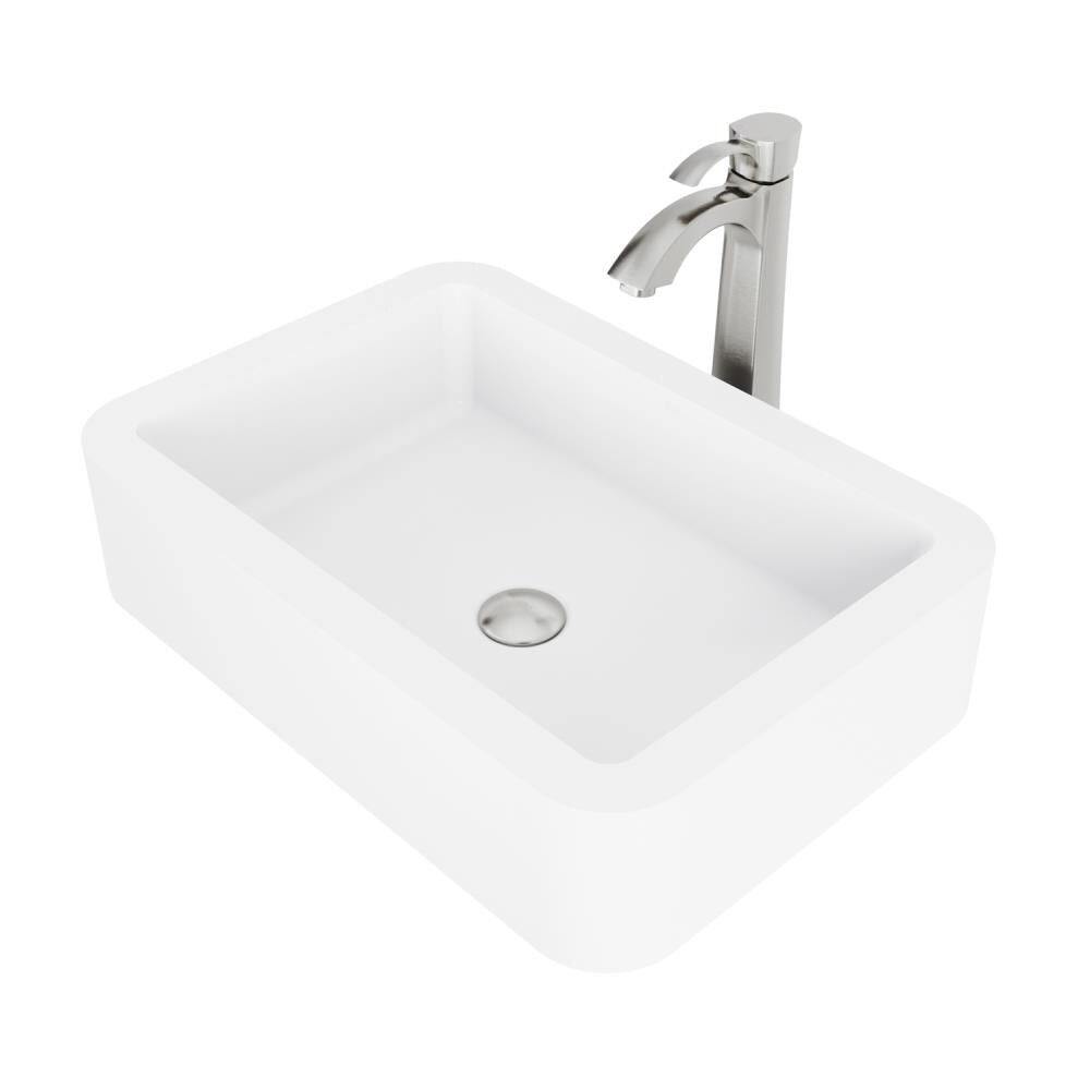VIGO VGT1008 Vessel Sinks Matte White Matte Stone Vessel Rectangular Bathroom Sink with Faucet Drain Included (22.75-in x 15.75-in)