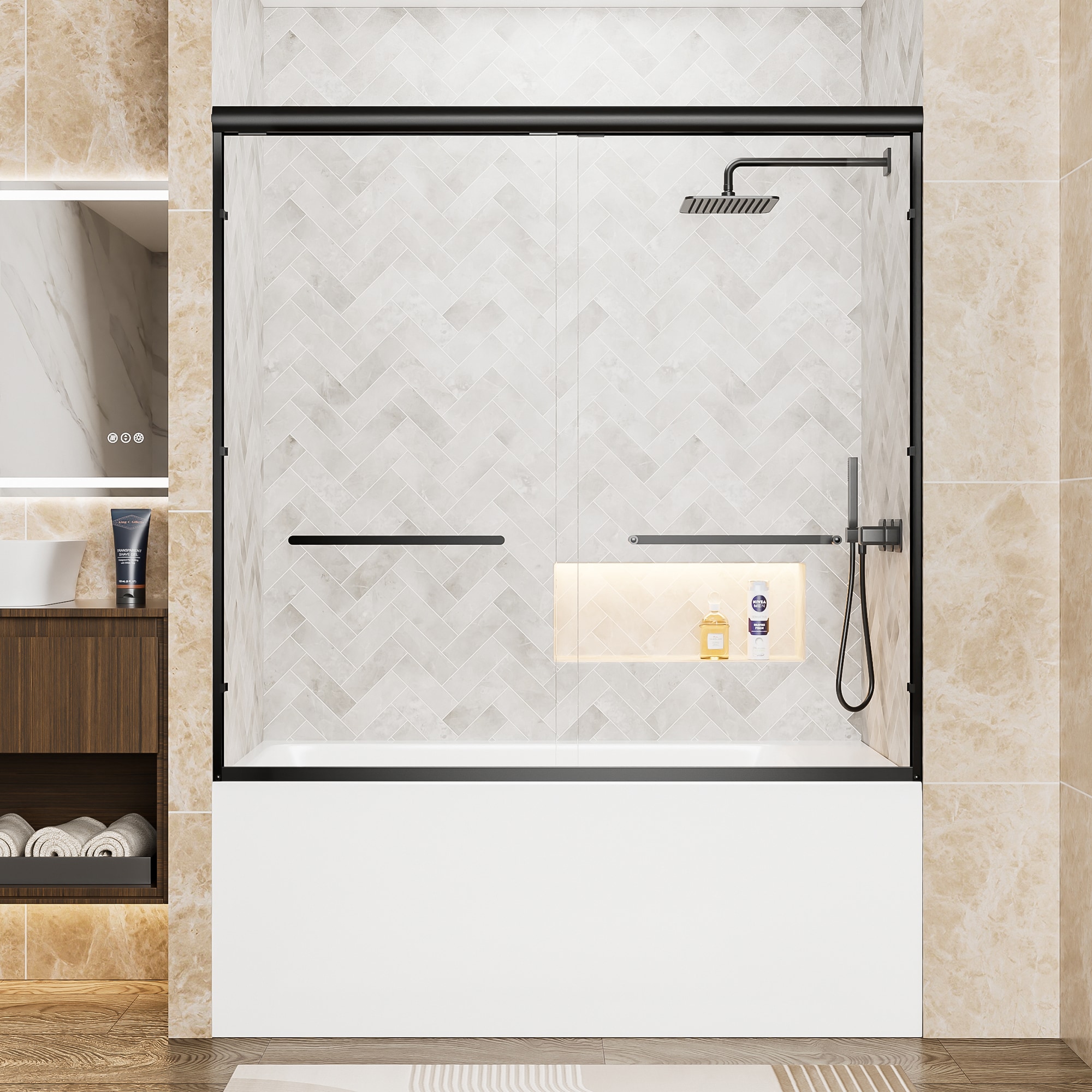 Miuara  Matte Black 56-in to 60-in W x 57-in H Semi-Frameless Clear Glass Bypass Sliding Bathtub Doors