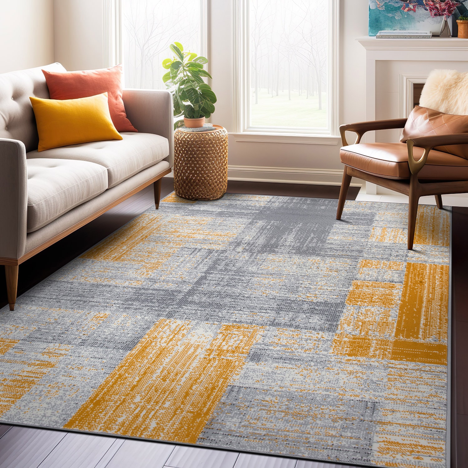 World Rug Gallery 3008YELLOW8X10 8 x 10 (ft) Loomed Polypropylene Yellow Rectangular Indoor Geometric Area rug