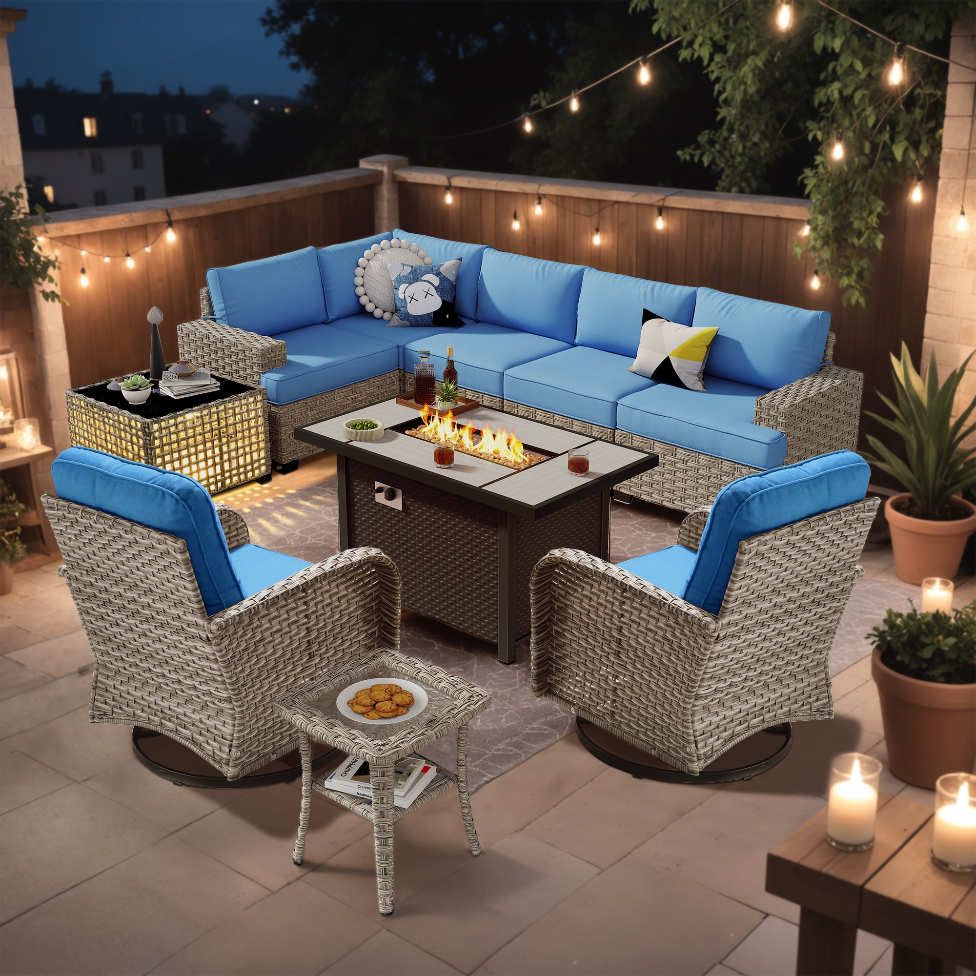 Ovios RFPTS509YV 10 -Piece Rattan Patio Conversation Set with Blue Cushions