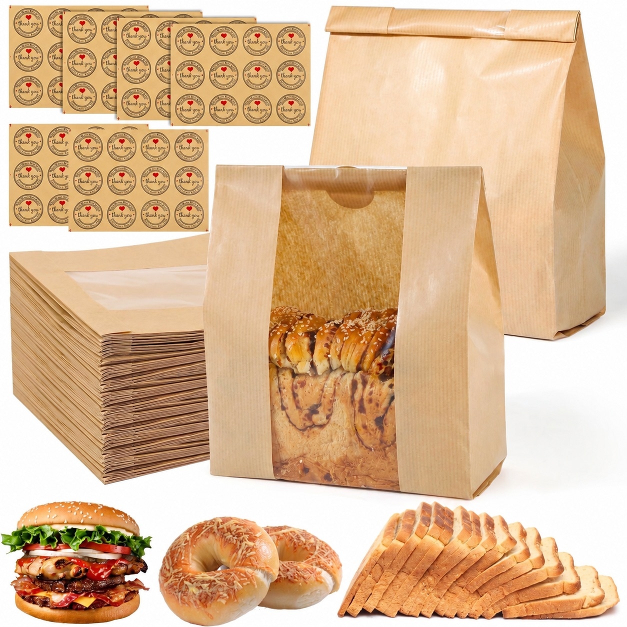 KIWDZFU  70 pcs Large Kraft Bread Bags with Window 72 Thank You Stickers Food Safe Bakery Bags for Homemade Sourdough Pastries Cookies and Snacks