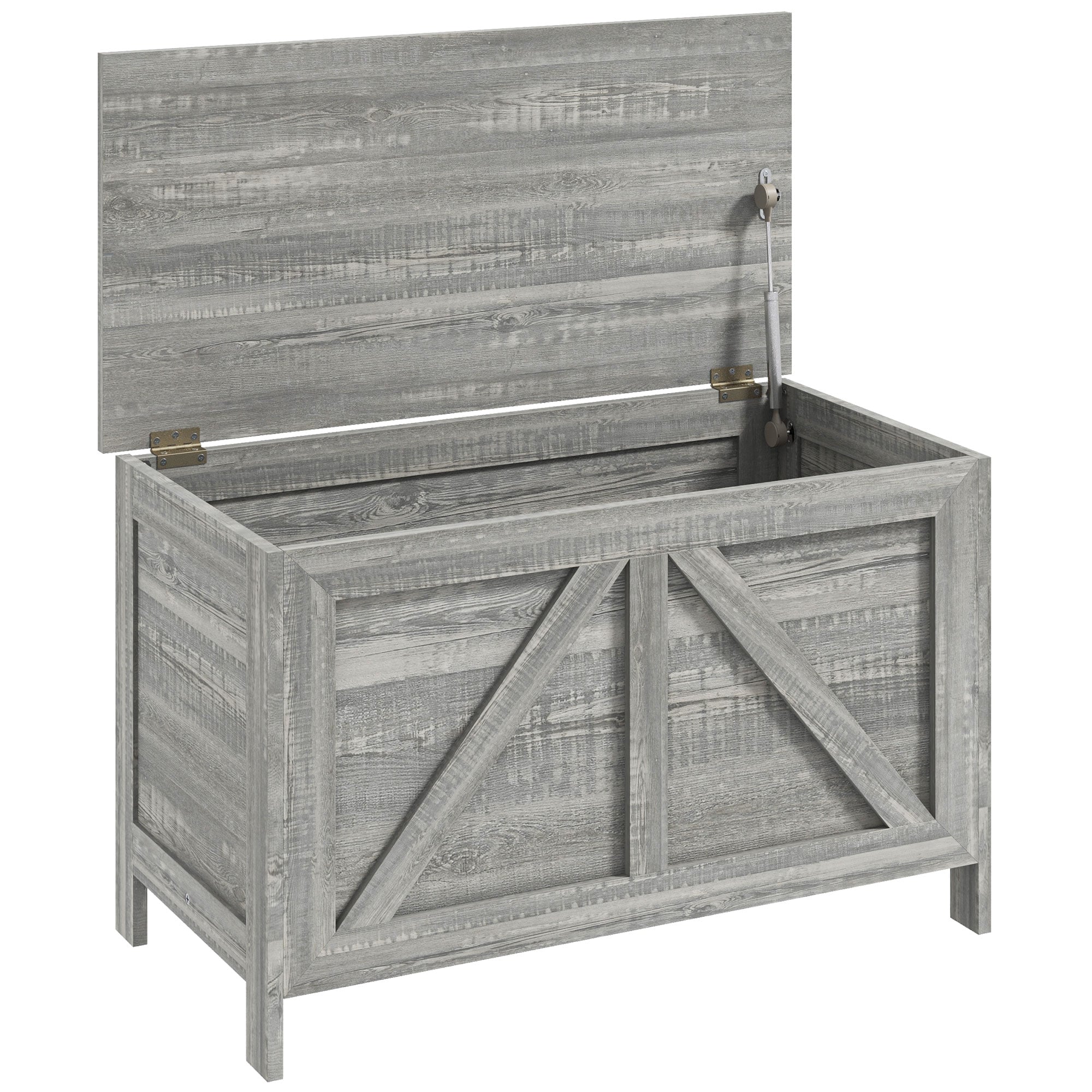 HomCom 30in Farmhouse Storage Bench Lift Top Storage Chest with Safety Hinge to Open Up 100° Wooden Trunk for Bedroom Entryway Living Room Gray Wood Grain