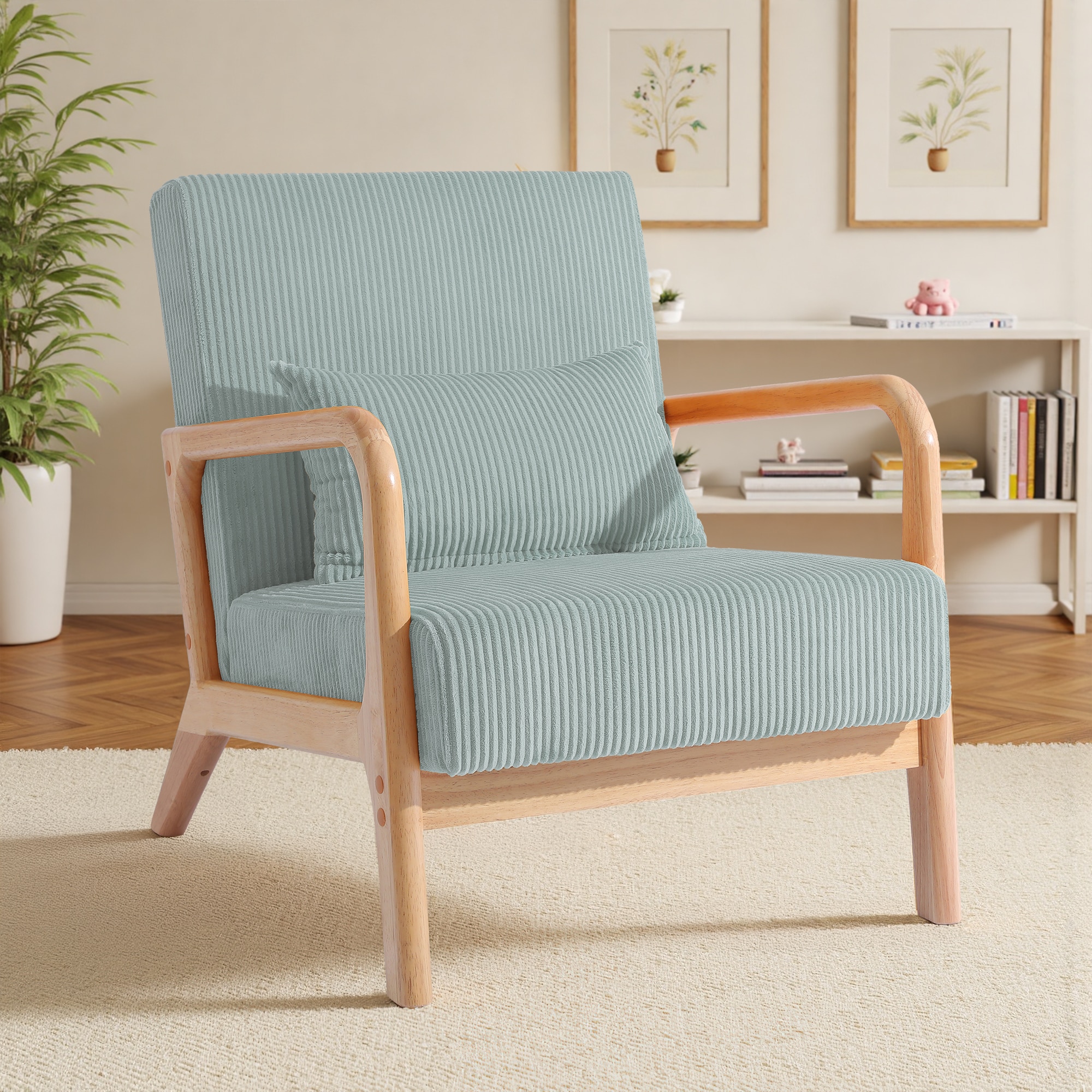 Dreamsidea Mid Century Modern Accent Chair - Wood Frame - Corduroy Upholstered Seat - Waist Cushion - Living Room Bedroom Sunroom - Reading Armchair