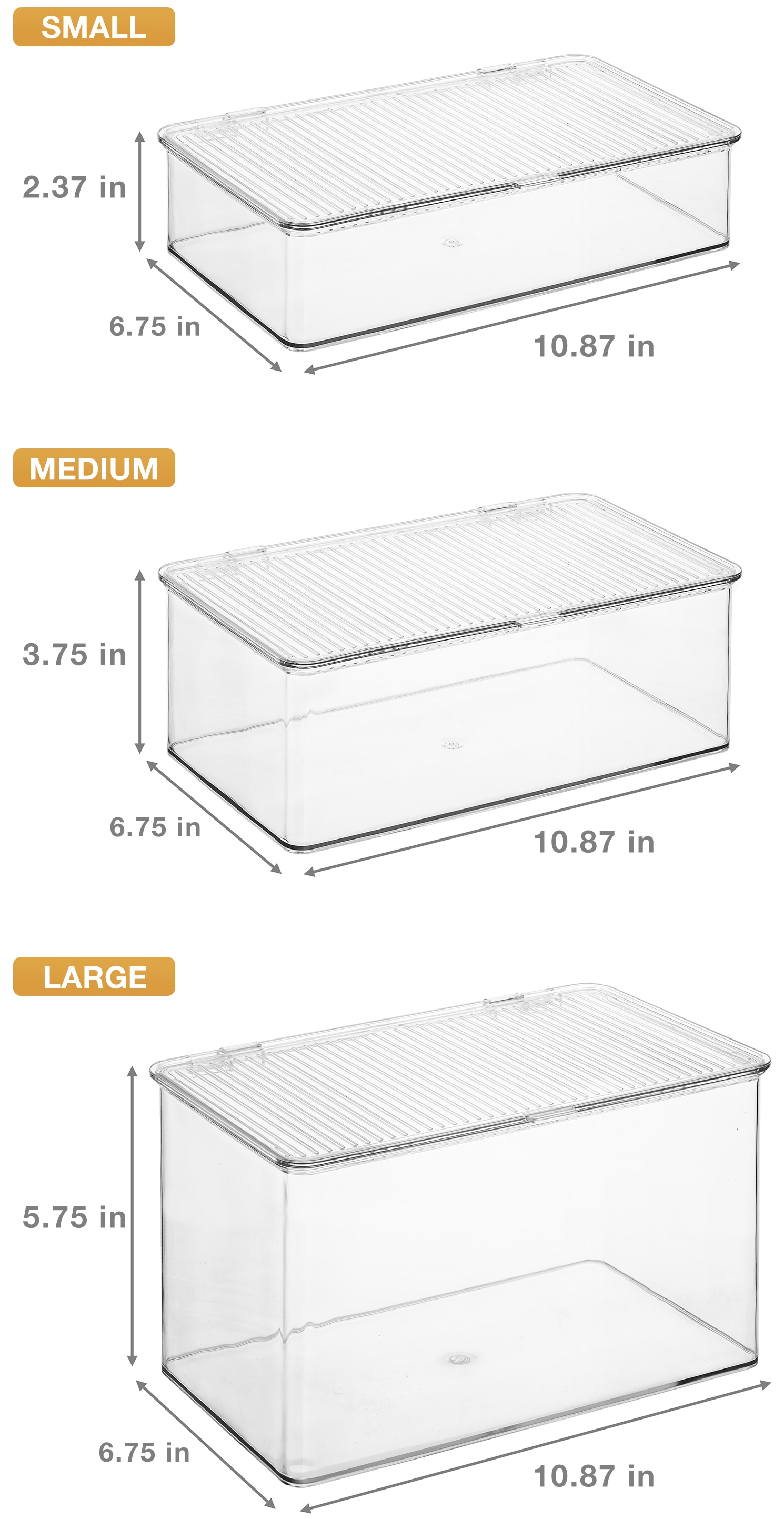 Clear Plastic Stackable Storage Bins with Hinged Lids, Set of 3