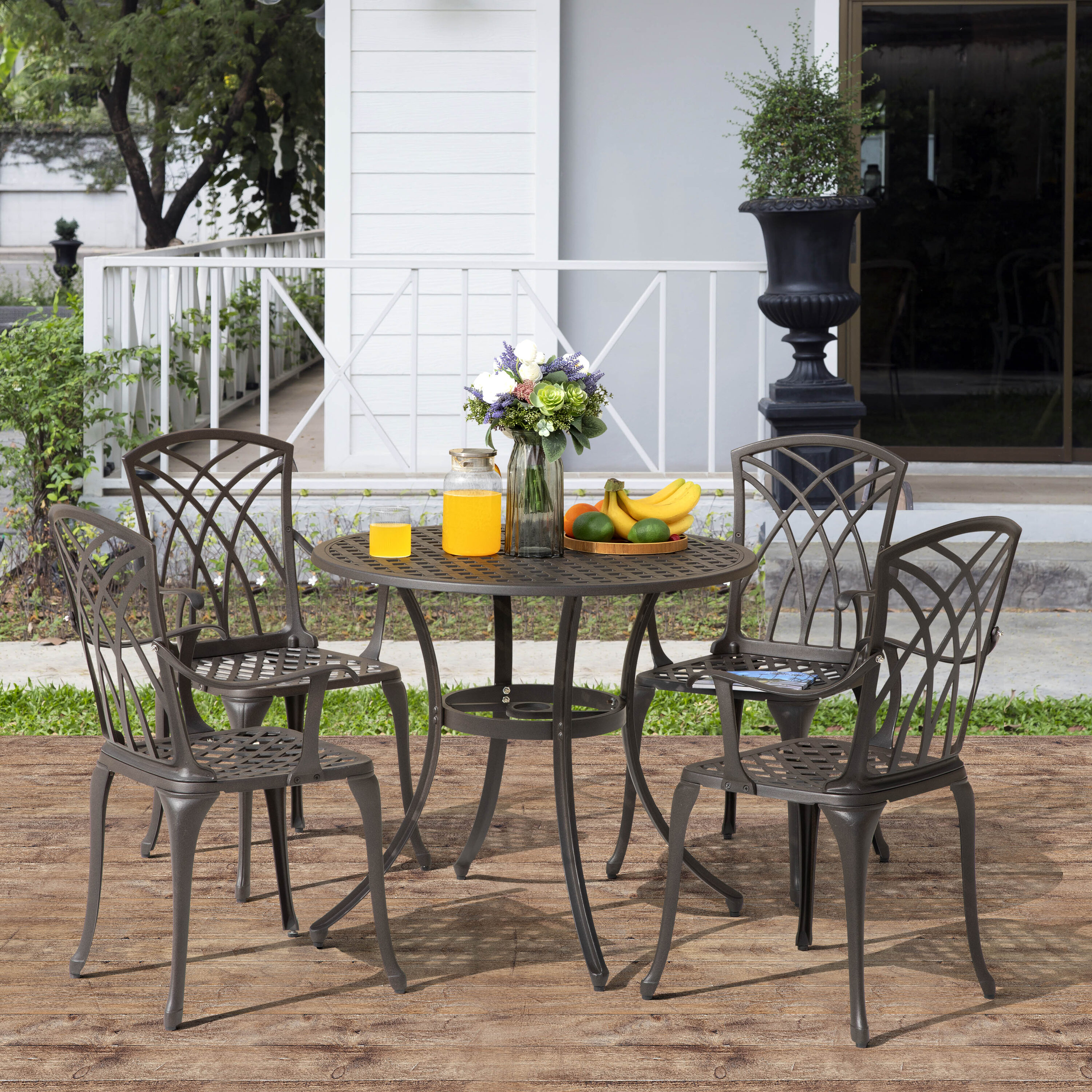 Nuu Garden 5-Piece Cast Aluminum Dining set Bistro Set in Brown in the ...