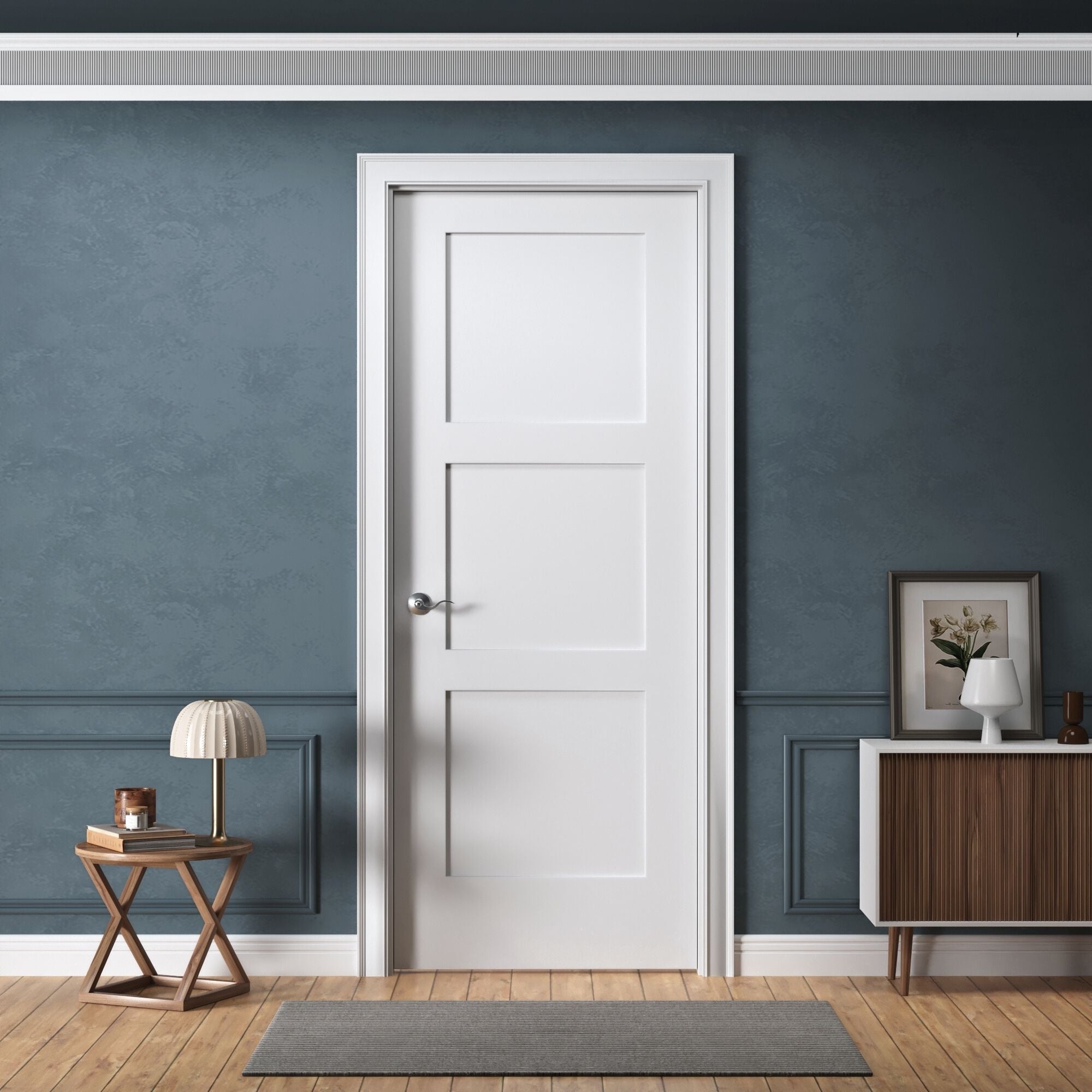 Door Harbor 30-in x 80-in Prehung Interior Wood Door 3-Panel Shaker Right Handing Solid Core White Primed with Pre-Drilled Holes Frame (Jambs Kit) and Black Hinges for Closet Pantry and Bedroom Use