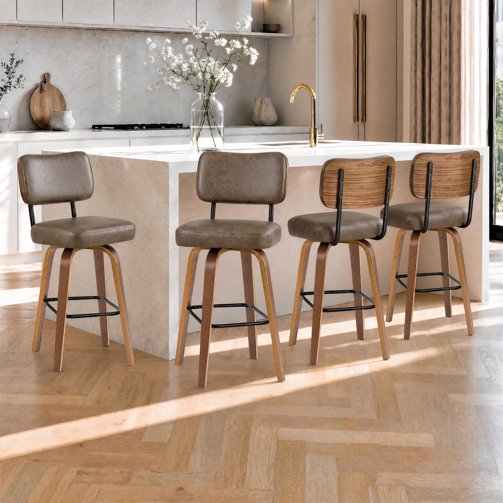 GarveeLife Set of 4 Brown PU Leather Upholstered 25.6-in H Swivel Counter Height Bar Stools
