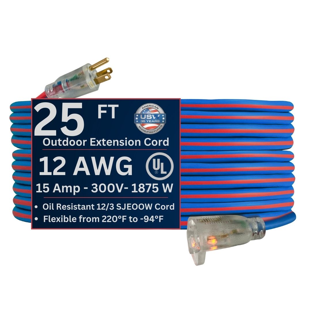 USW 99025 12 gauge Extreme All Weather Extension Cords 25-ft 12 / 3 3 Prong Blue/Red Indoor/Outdoor SJEOOW Heavy Duty Lighted Extension Cord