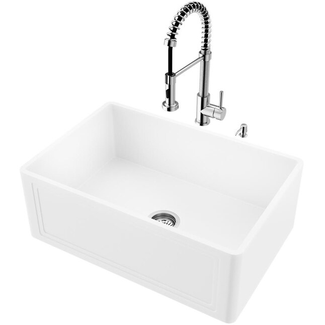 VIGO Matte Stone Farmhouse x 18-in Matte White Single Bowl Tall (8-in or Larger) Undermount Apron Front/Farmhouse Commercial/Residential Kitchen Sink All-in-One Kit VIGO Matte Stone Farmhouse x 18-in Matte White Single Bowl Tall (8-in or Larger) Undermount Apron Front/Farmhouse Commercial/Residential Kitchen Sink All-in-One Kit