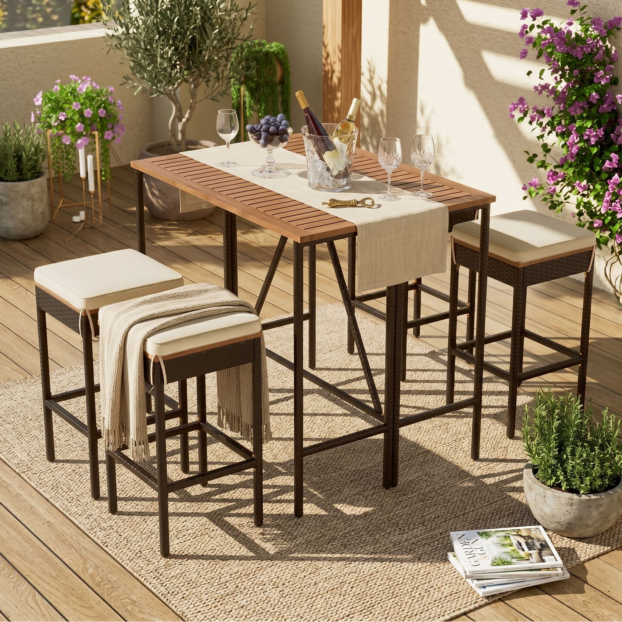 RITSU - 5-Piece Brown Square Acacia Wood Wicker Patio Bar Set with Folding Design Cushioned Seat...