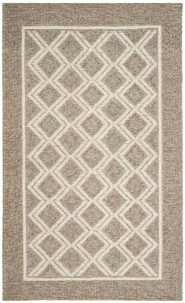 Beige and Ivory Handwoven Wool Rectangular Area Rug, 5' x 8'