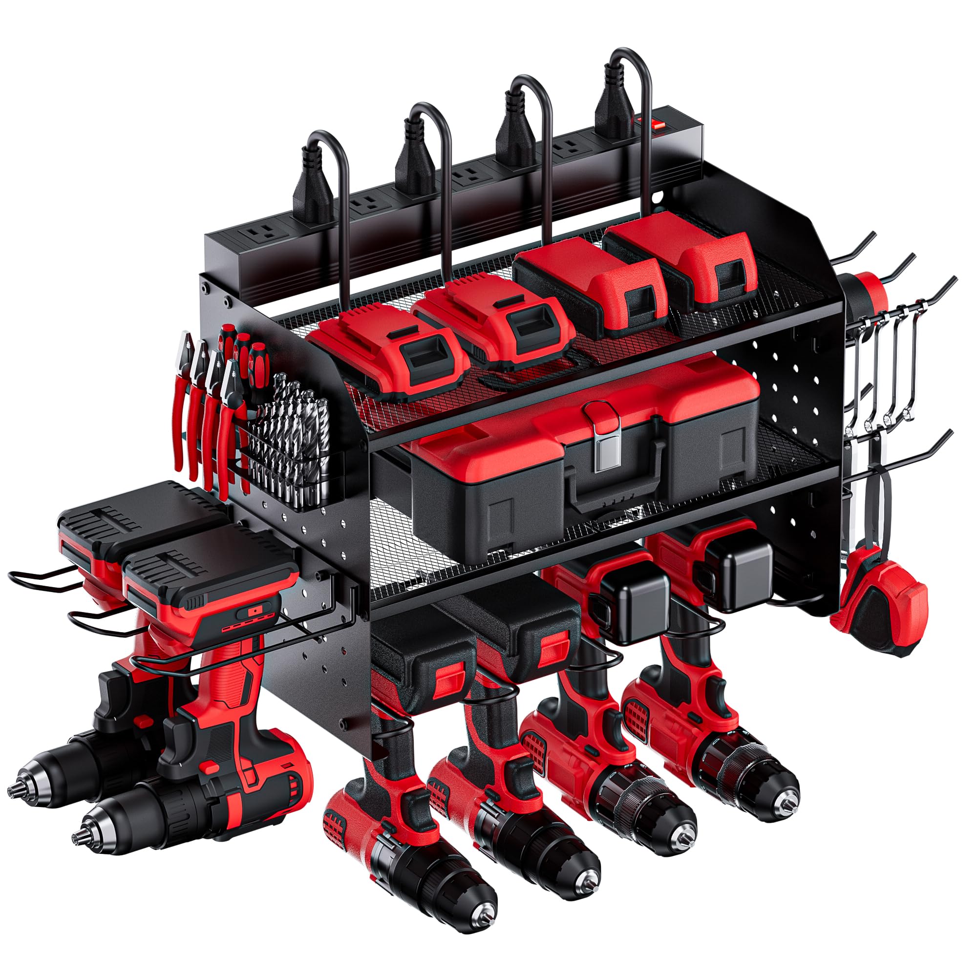 Oyezvary  Power Tool Organizer Wall Mount with 5 Layer Storage 8 Outlet Charging Station 6 Drill Holders 2 Side Pegboards Drill Bit Rack for