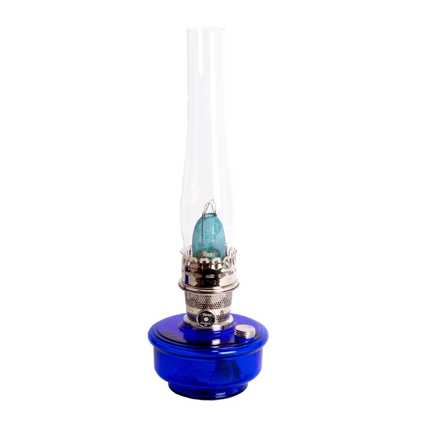 Lehman's Aladdin Genie III Oil Lamp - Indoor Emergency Lighting for Shelf - Table or Hanging - Cobalt Blue Glass Bowl with Nickel Burner