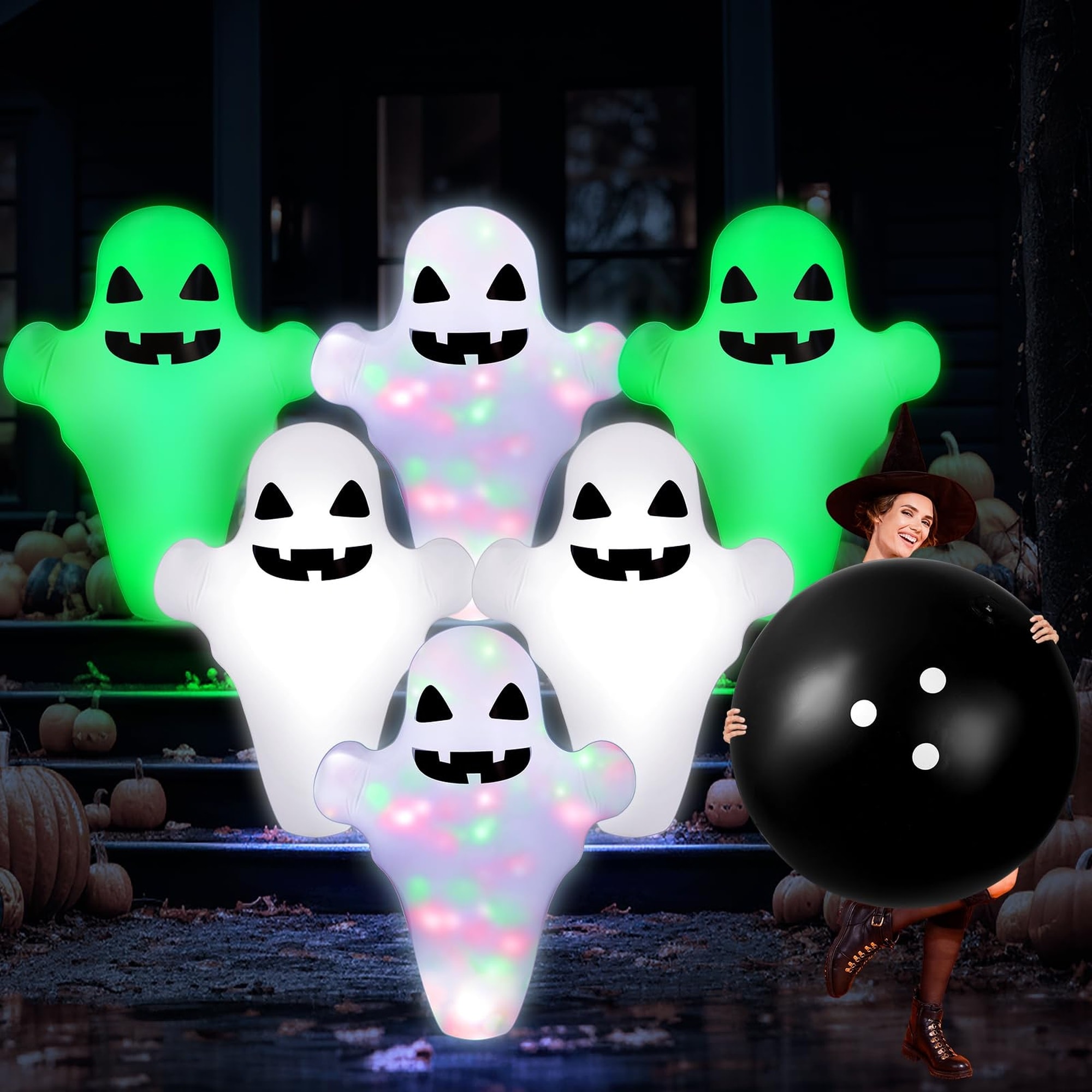 Angel Sar 7Pcs LED Giant Halloween Inflatable Ghost Bowling Set Light Up Game 6 Ghost Pins 27 in and 1 Ball 24 in for Adult Indoor Outdoor Party