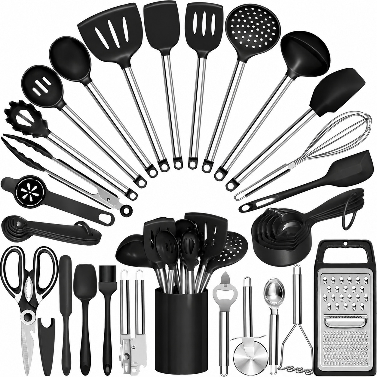 Vrbgify  Kitchen Utensils Set 34 Pieces Silicone Cooking Utensils with Stainless Steel Handles Black Kitchen Gadgets Tools and Accessories