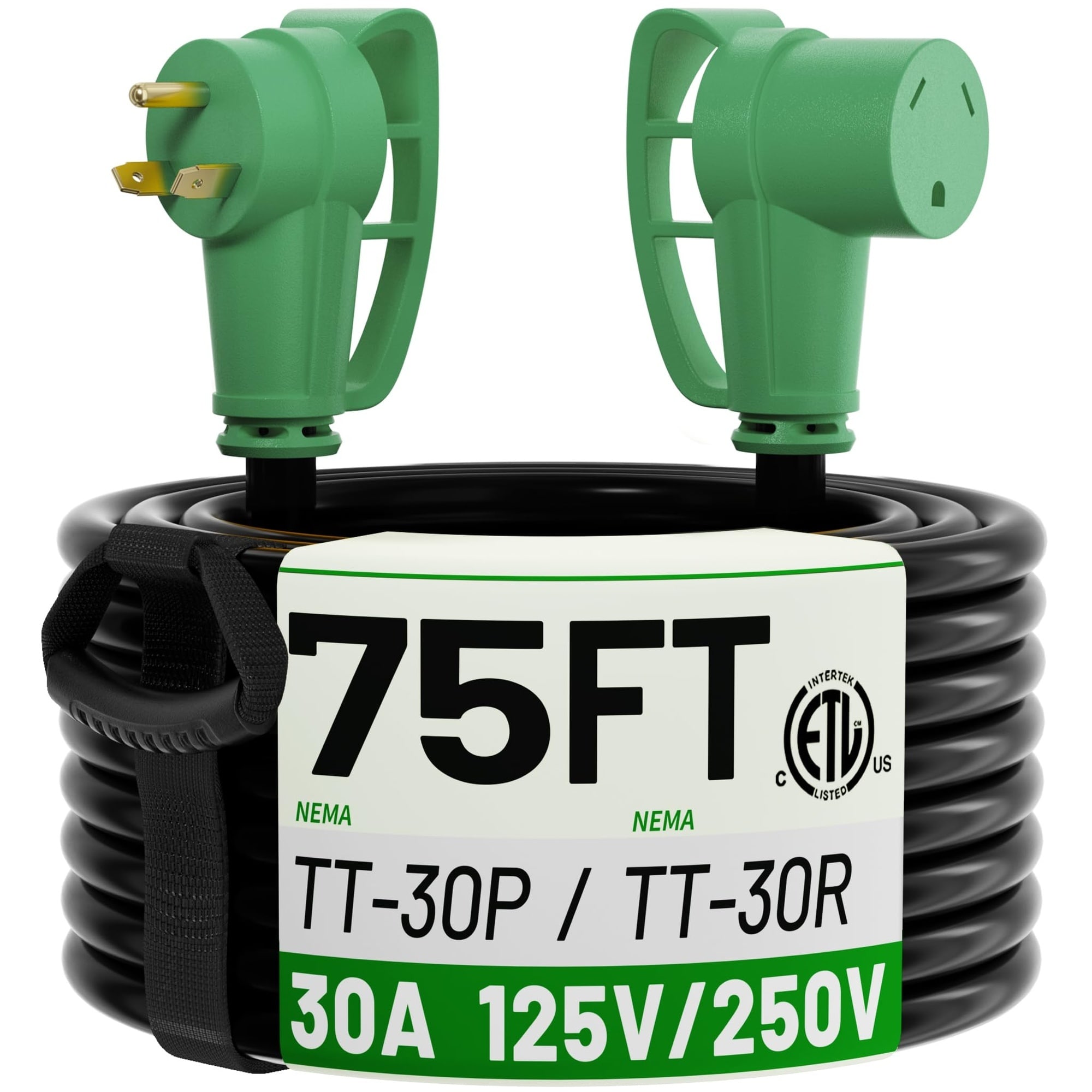 Oyezvary  75 FT 30 Amp RV Extension Cord 1 Piece 3 Prong NEMA TT-30P to TT-30R 125V 3750W Outdoor Heavy Duty 10 3 AWG Waterproof Flexible ETL