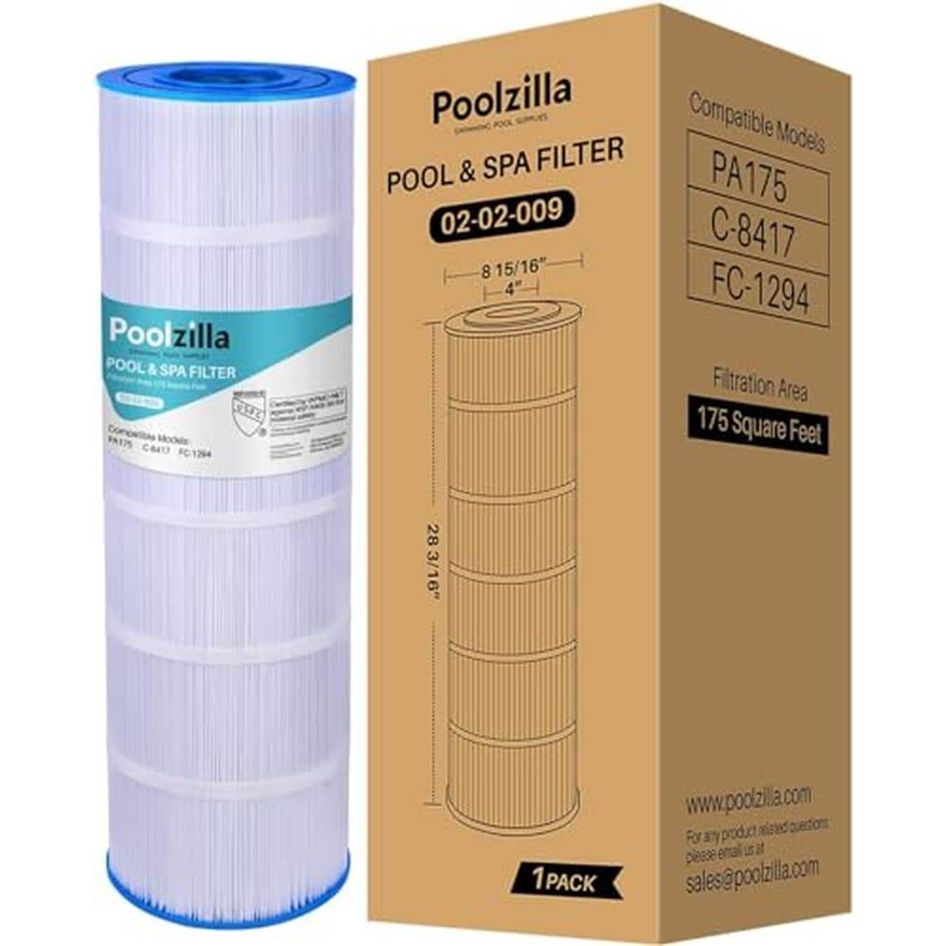 Poolzilla 02-02-009-1PK Replacement Pool Filter Cartridge Compatible with PLF175A Filbur FC 1294 Hayward C1750 CX1750RE PA175 Unicel C 8417 PCCF 175 25230 0175S 817 0175P PXC 175