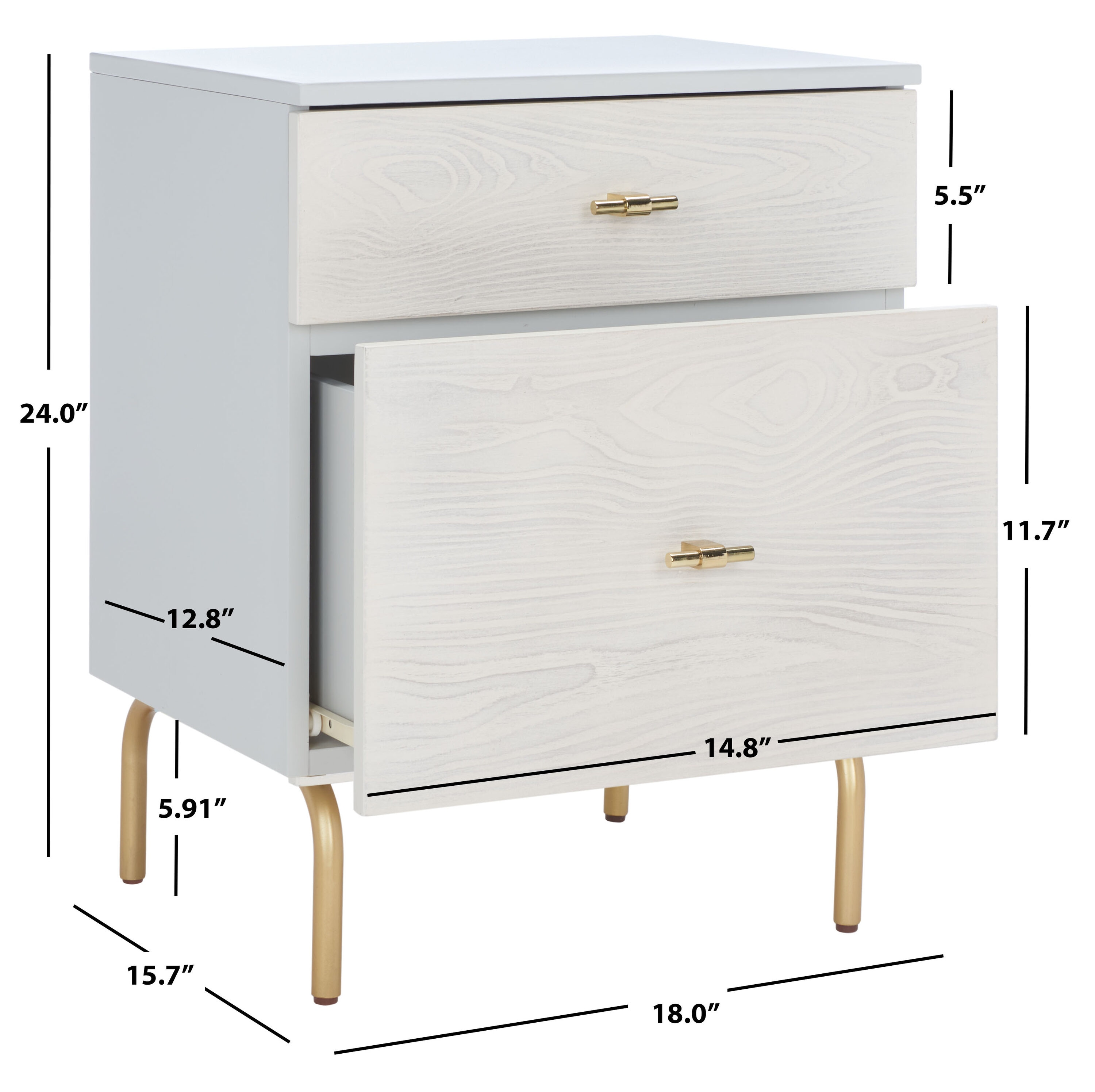 Genevieve Grey Mahogany 2-Drawer Nightstand with Gold Trim
