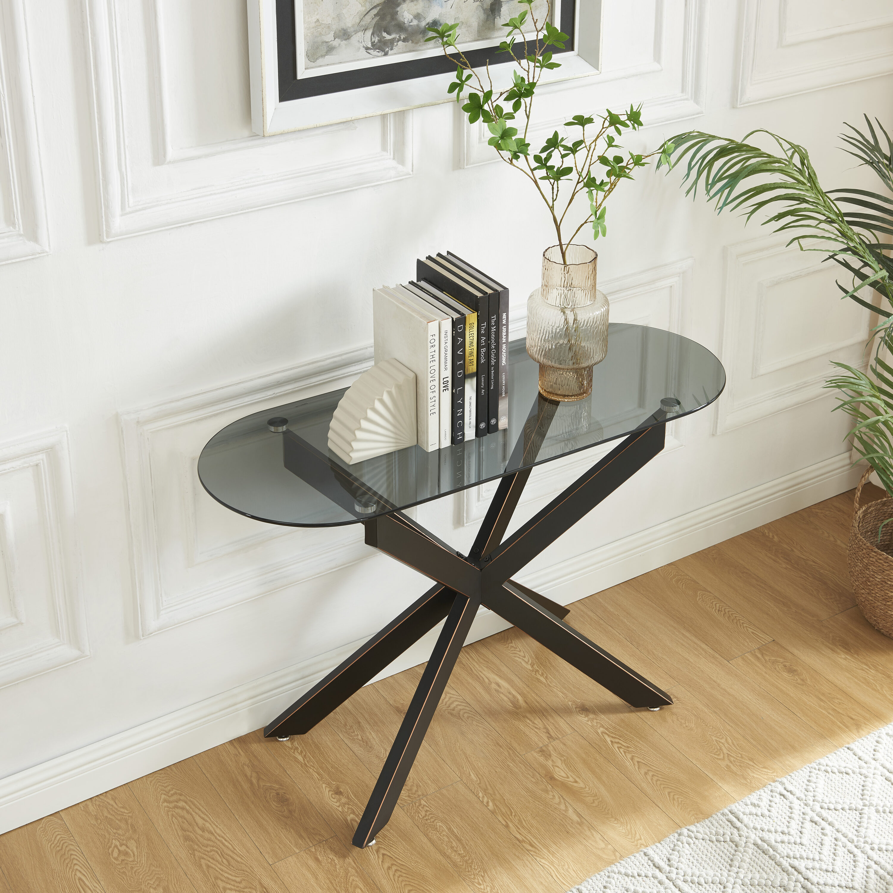 EDYO LIVING Modern Round Glass Black 45.3-in W x 29.5-in H Console ...