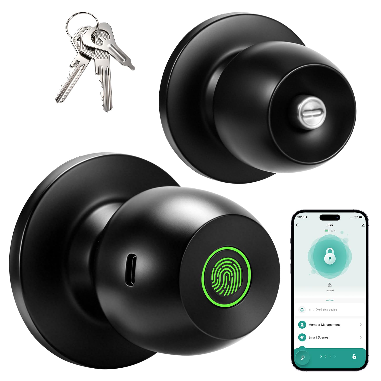 Lukvuzo  Fingerprint Door Lock Smart Door Knob with App Control Keyless Entry for Bedroom Front Door Home Apartment Office