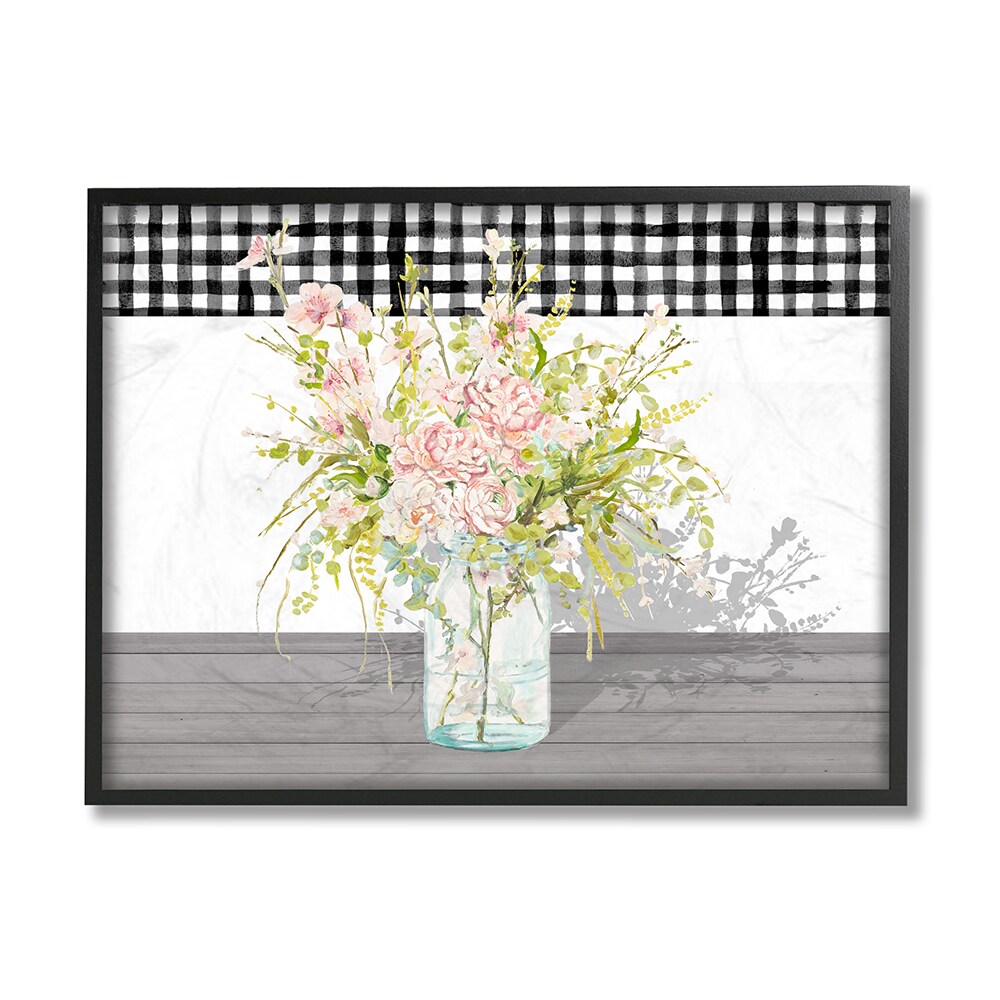Stupell Industries AC-454-FR-11X14 Pink Rose Bouquet Charming Gingham Plaid Patricia Pinto Framed 14-in H x 11-in W Country Print