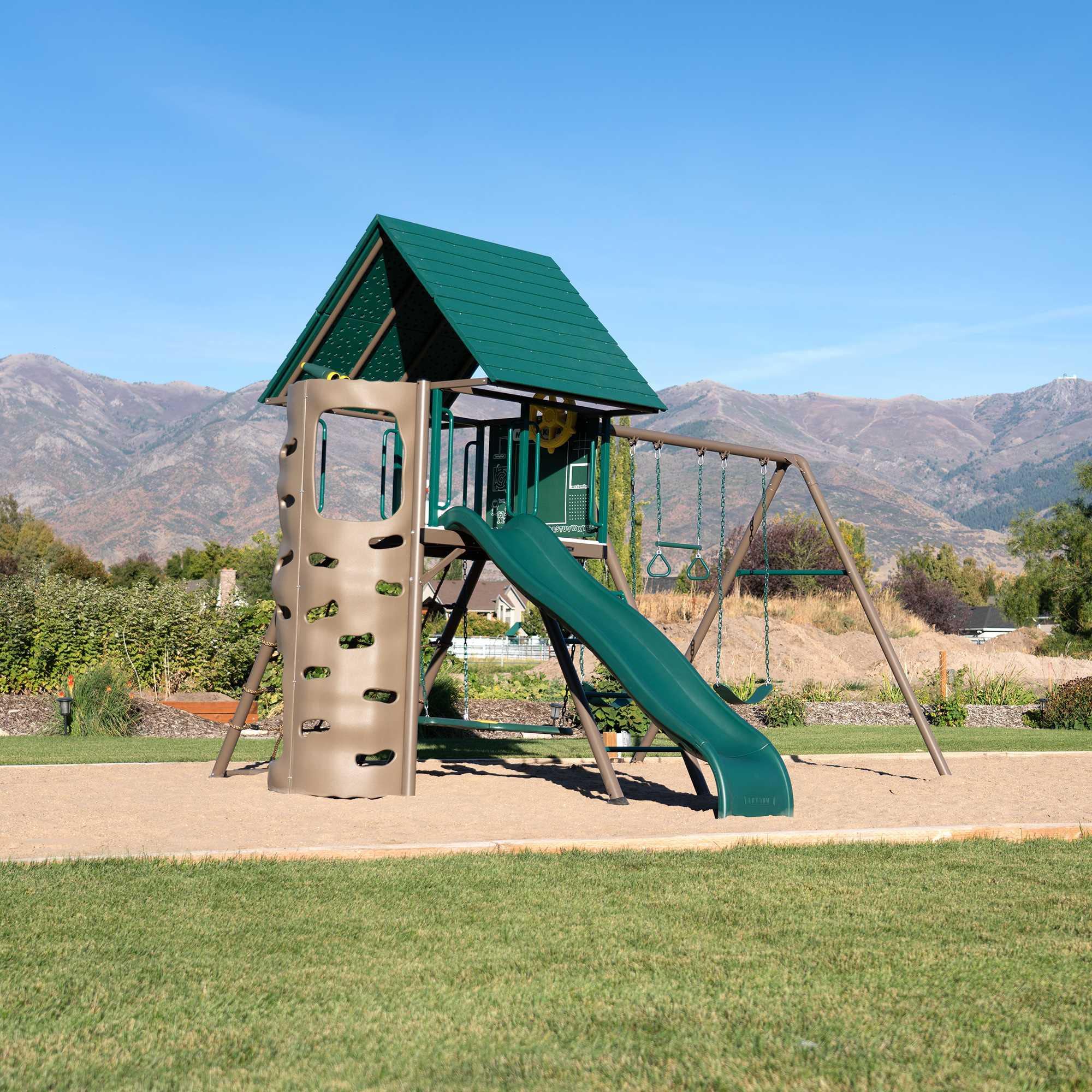 Lifetime Green and Brown Metal Swing Set with Slide and Climbing Wall