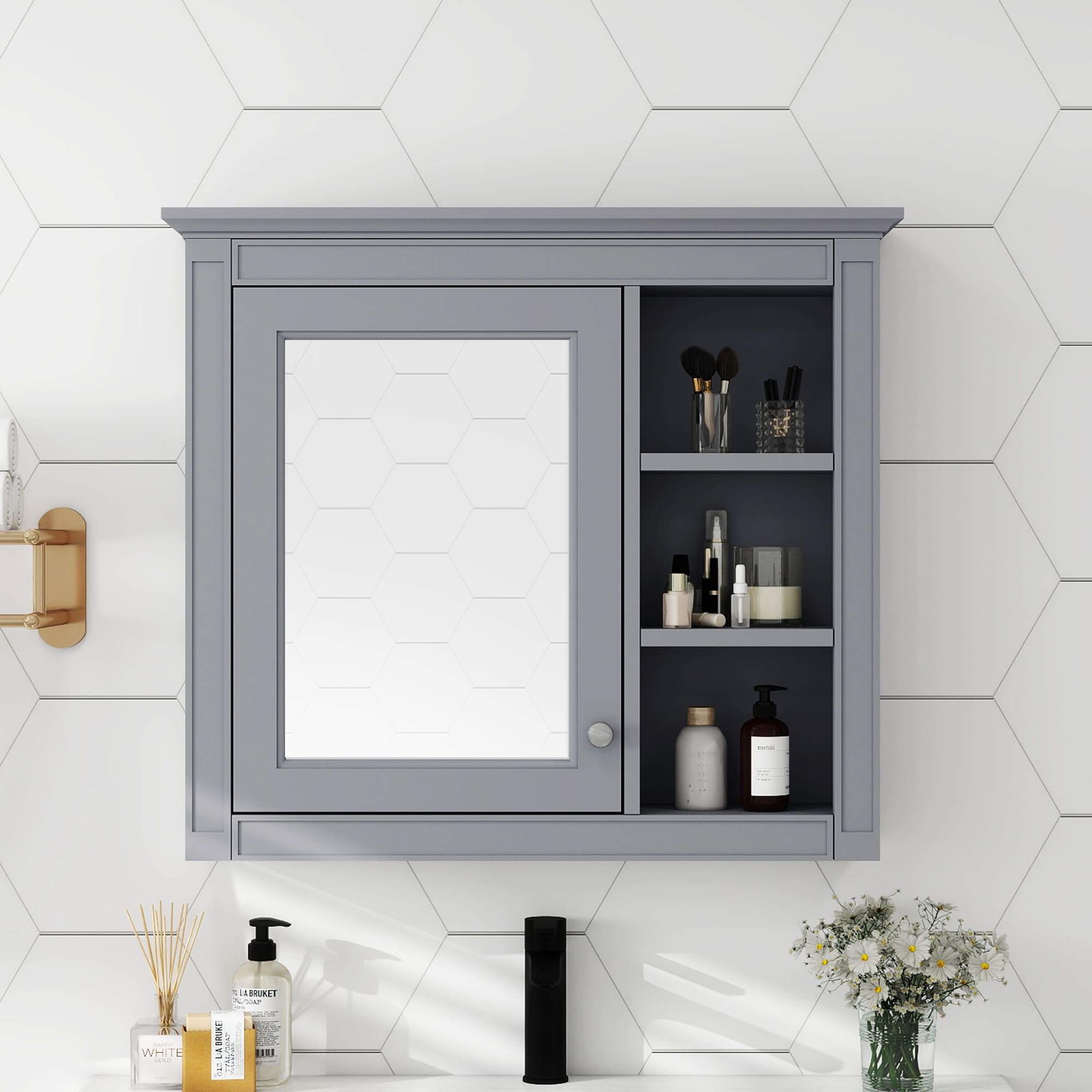 WELLFOR GIZQN7103AE 30-Inches x 28-Inches Surface Mount Gray Mirrored Rectangle Soft Close Medicine Cabinet