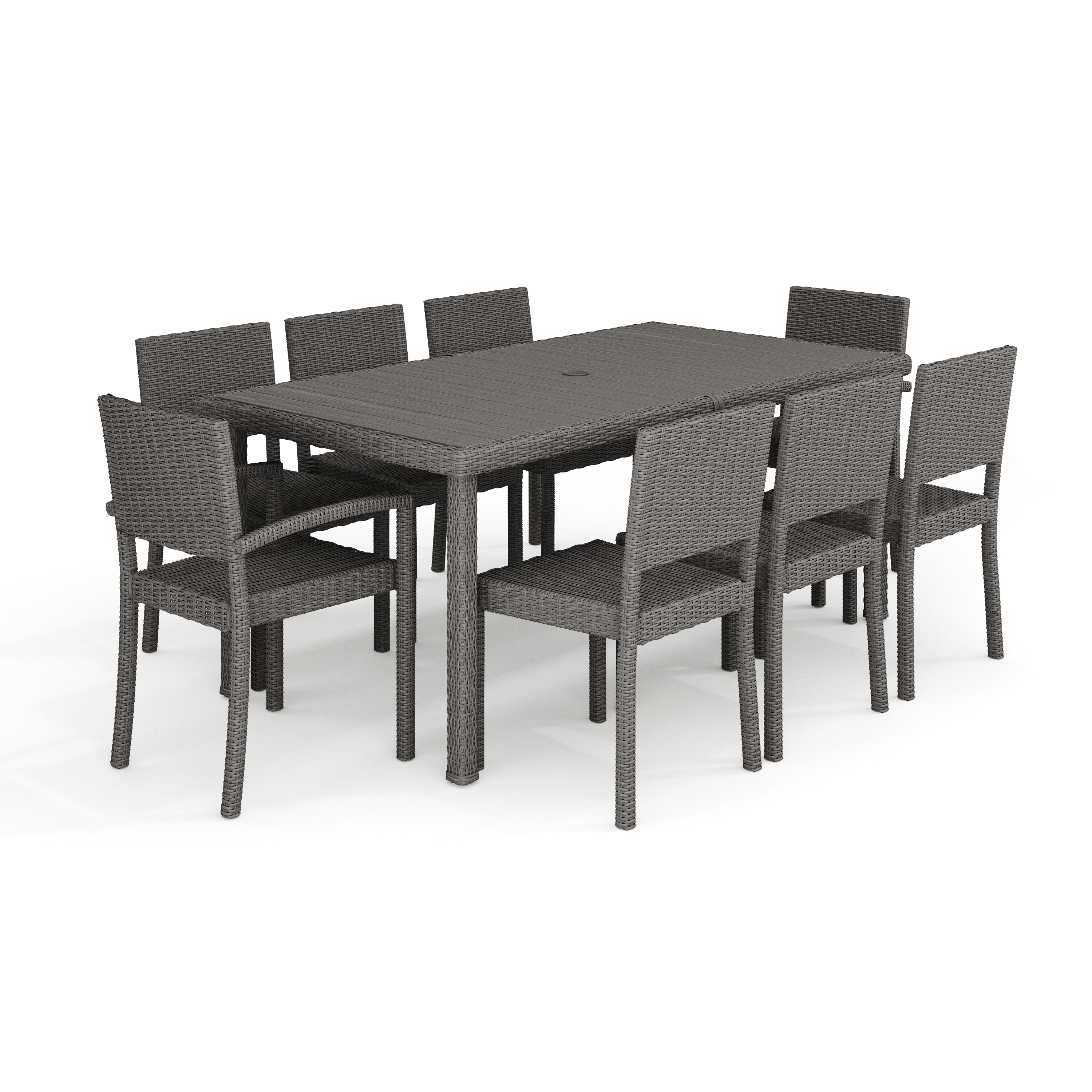 Martha Stewart 196861191497 Bedford 9-Piece Indoor-Outdoor Dining Set with 8 Stackable Dining Chairs and 71-in Patio Table with Engineered Wood Top in Gray Rattan Wicker