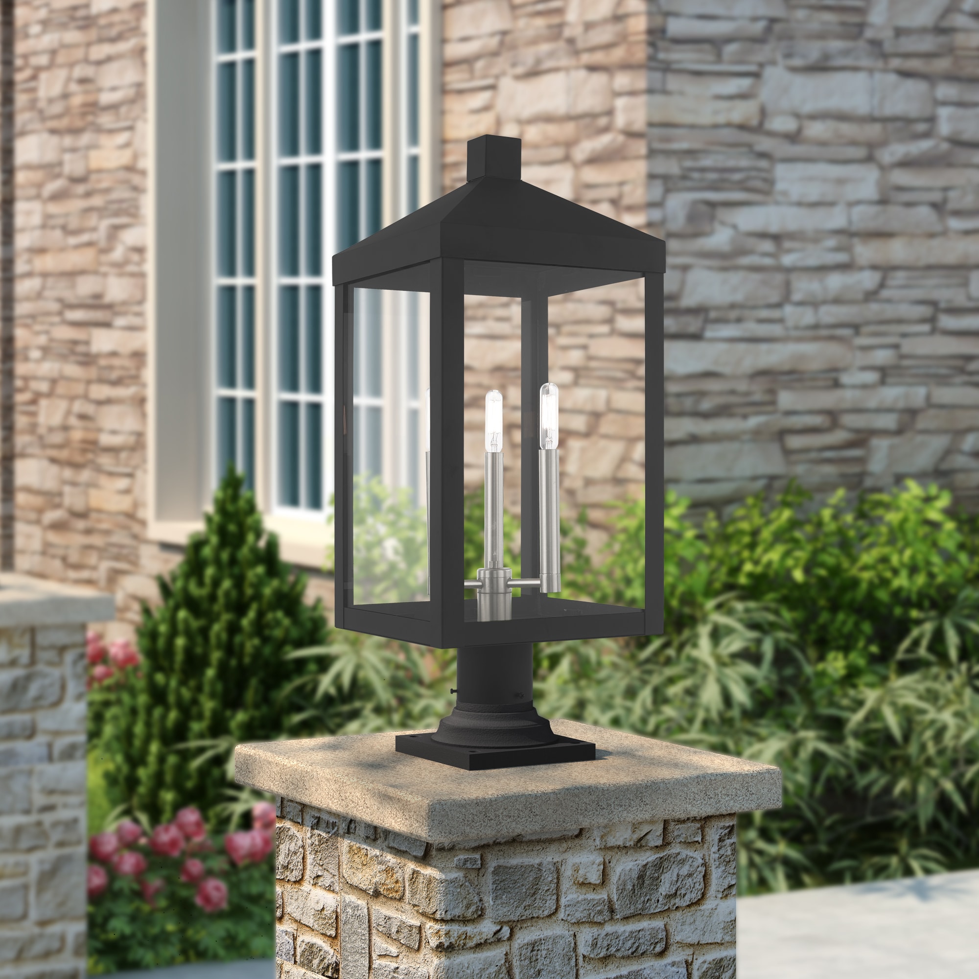Scandinavian Gray Brass 3-Light Outdoor Post Lantern with Clear Glass