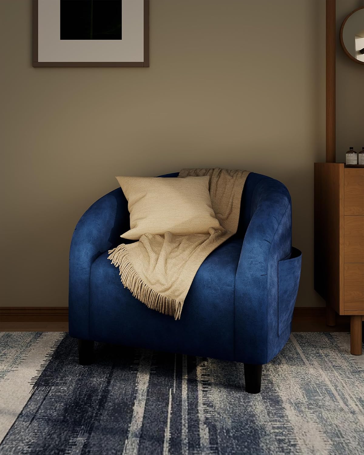 GAOMON Velvet Barrel Accent Chair Upholstered Club Armchair with Soft Padded Seat U-Shaped Backrest and Sturdy Legs for Living Room Bedroom Reception Navy Blue