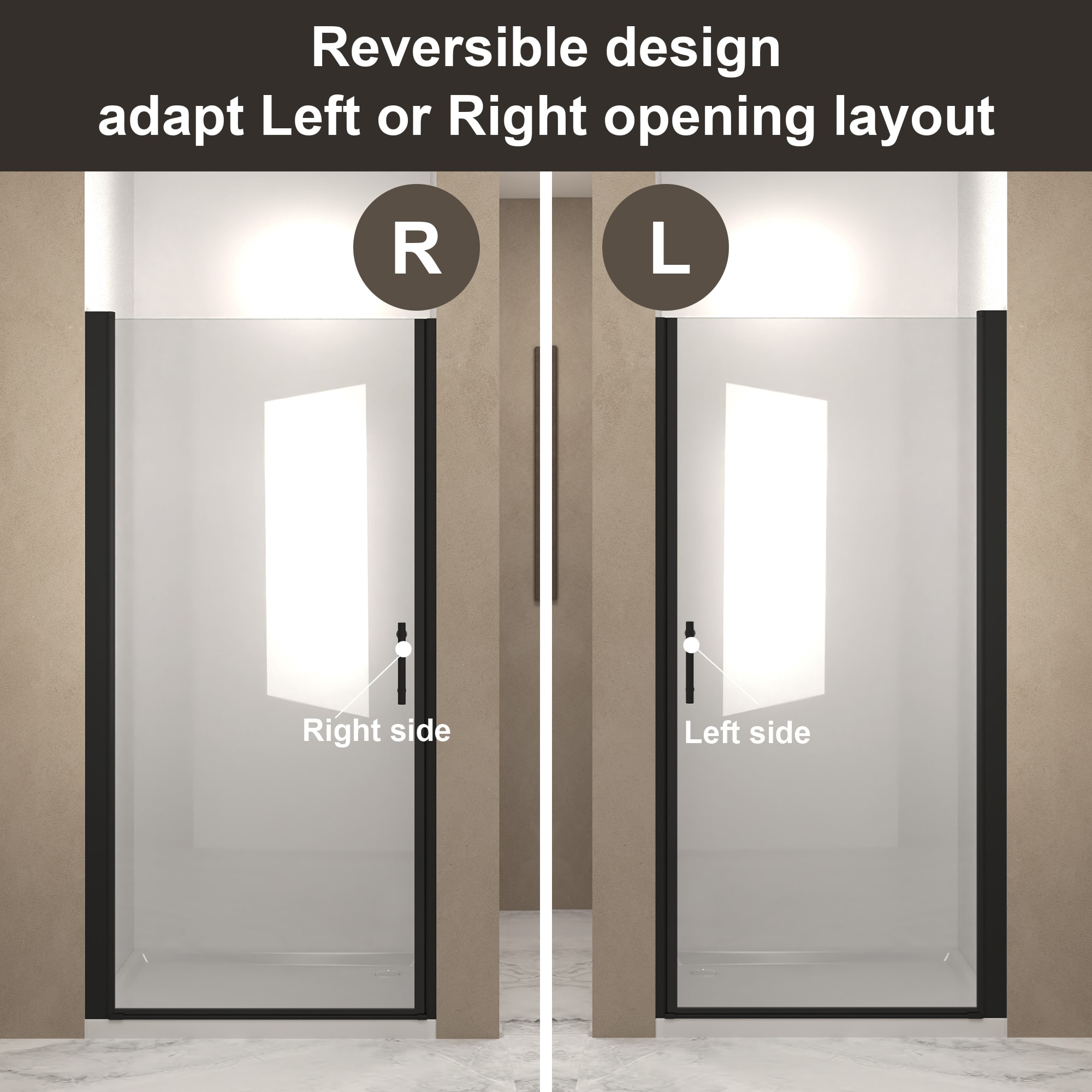 FAVSH 30 in x 72 in Pivot Shower Door Matte Black Aluminum Frame Half ...