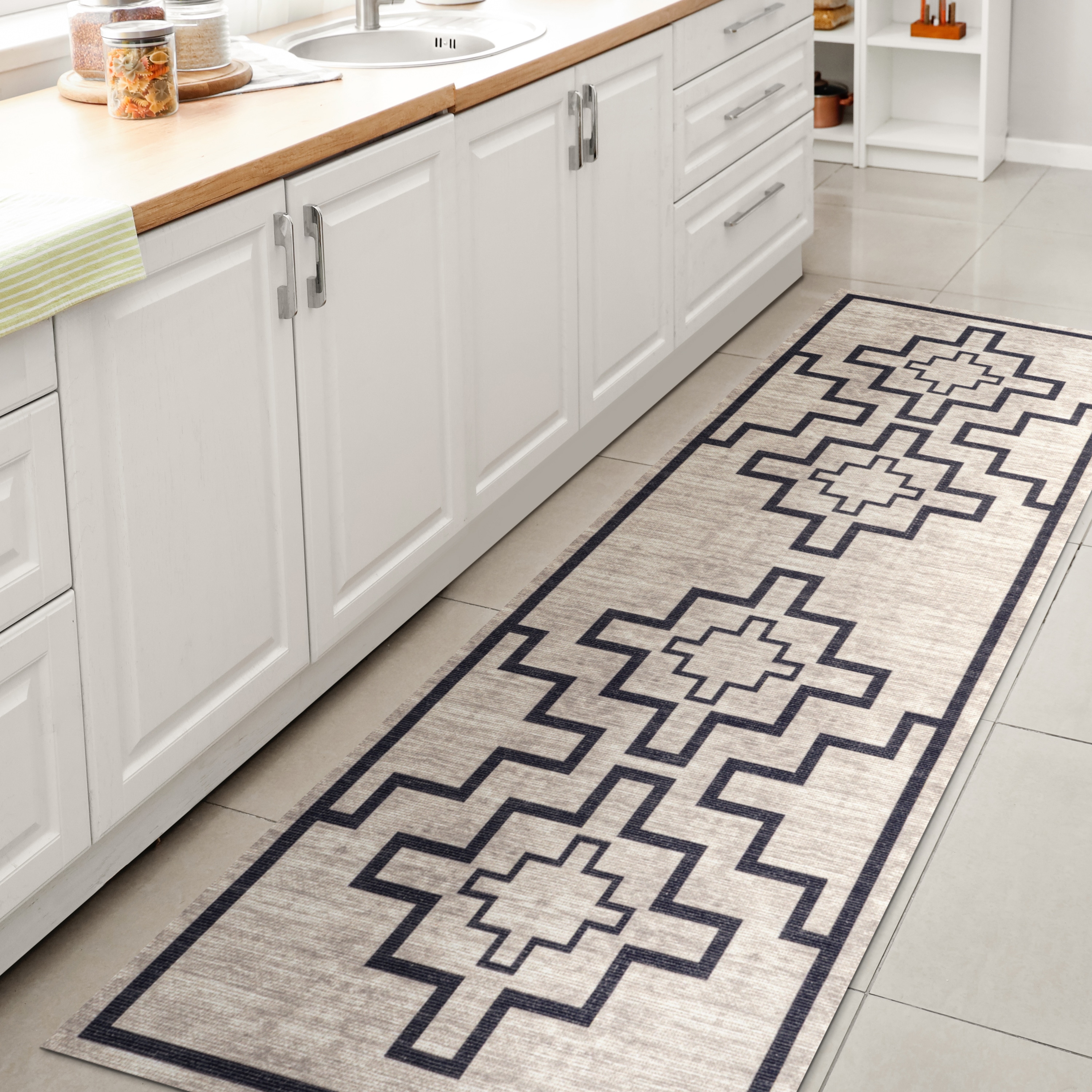 Ivory and Dark Gray Geometric Synthetic 2x8 Runner Rug
