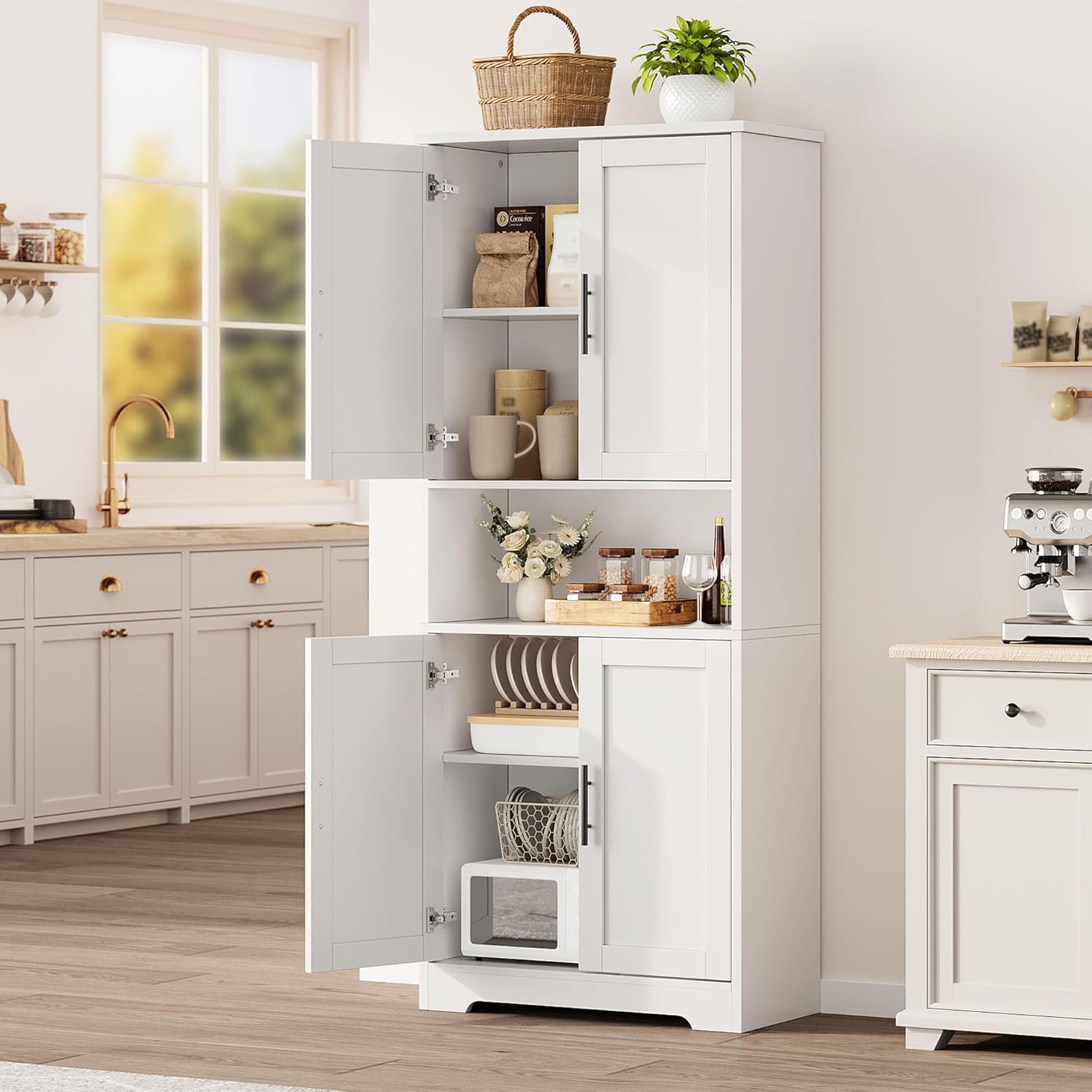 IdealHouse 70 Inch Tall Storage Cabinet/ Kitchen Pantry Cabinet with Doors and Adjustable Shelves/ Freestanding Wooden Classic Cupboard for Living Room Dining Room Bathroom